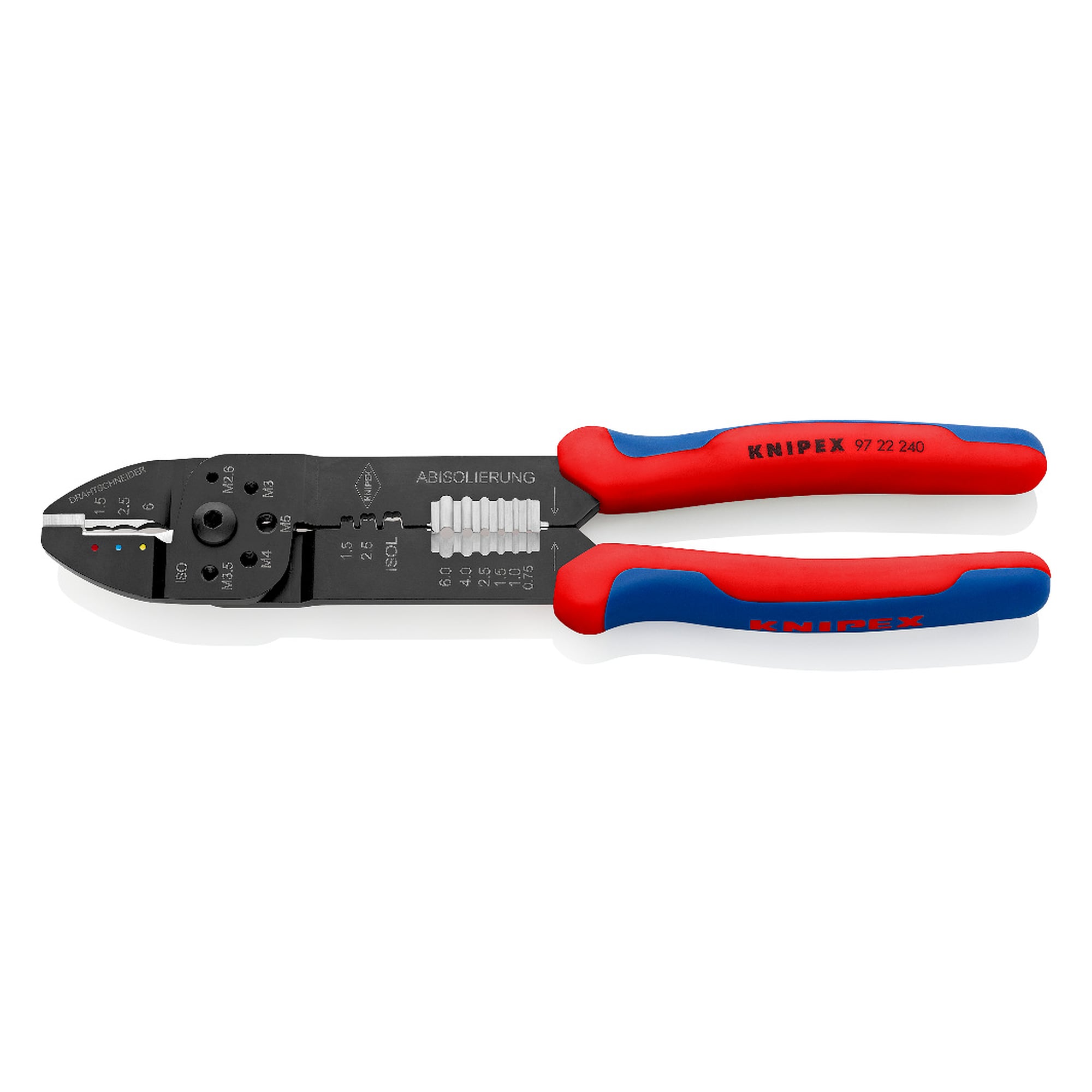 Crimpzange für isolierte Kabelschuhe und Verbinder 0,5 bis 6,0 mm², 3 Nester, Länge 240 mm