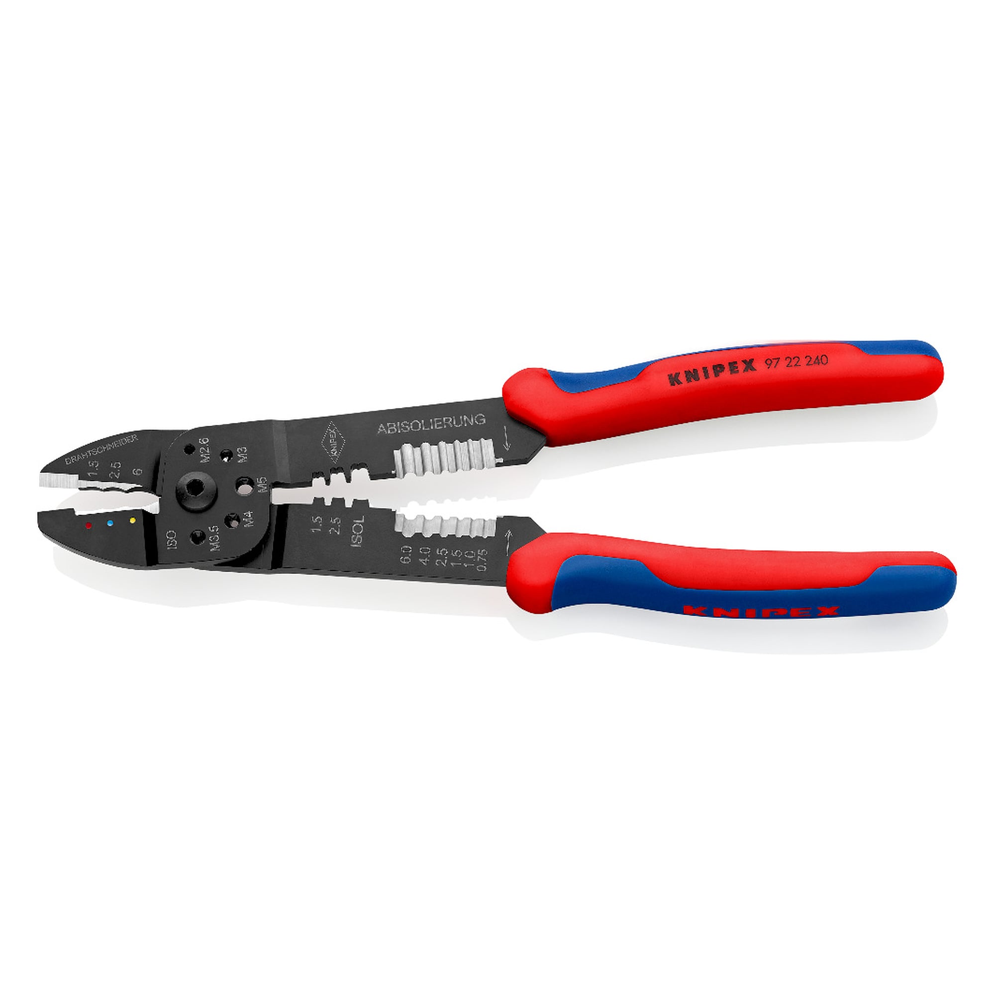Crimpzange für isolierte Kabelschuhe und Verbinder 0,5 bis 6,0 mm², 3 Nester, Länge 240 mm