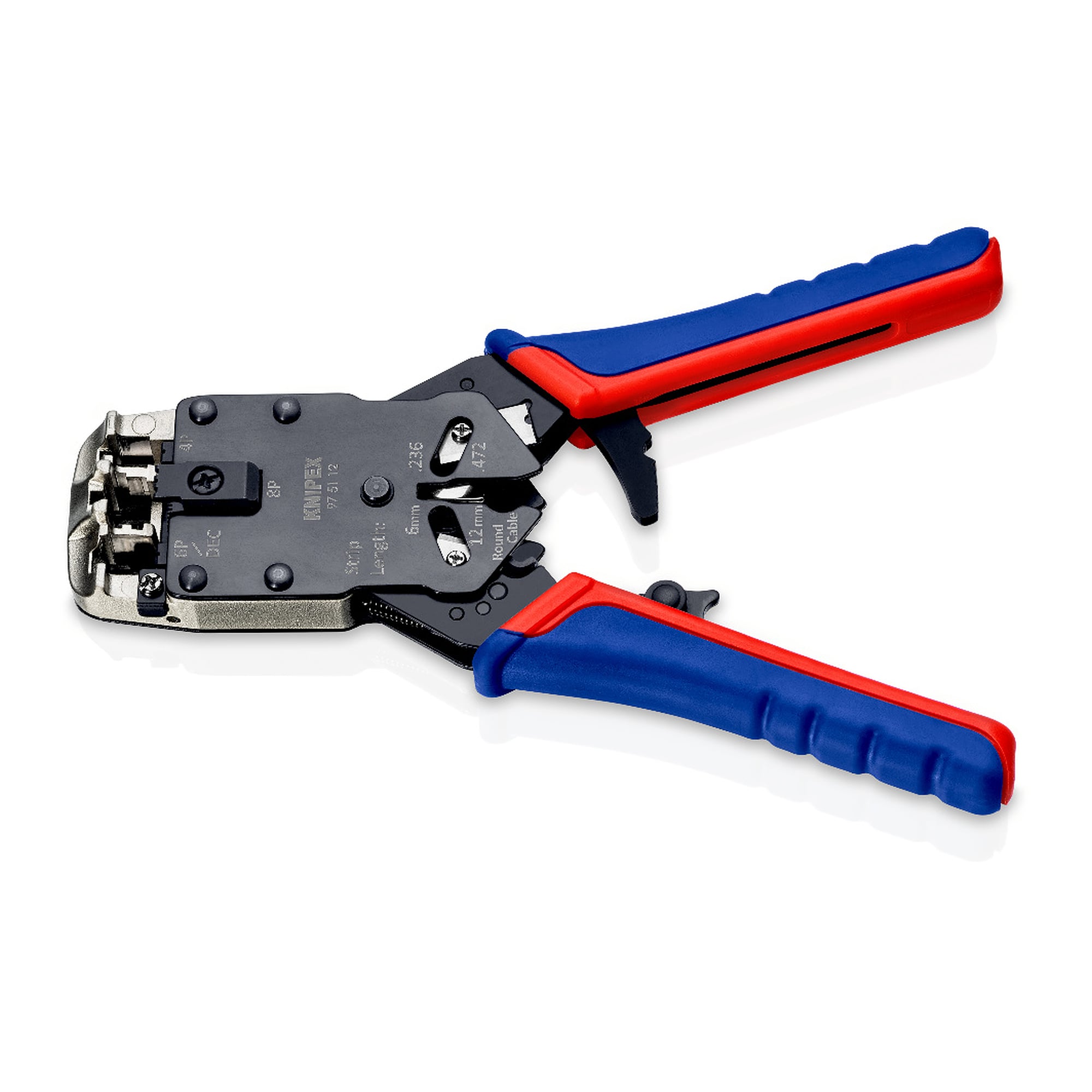 Pince à sertir pour fiches Western RJ 10, RJ 11/12 et RJ 45, avec couteau à dégainer, 200 mm