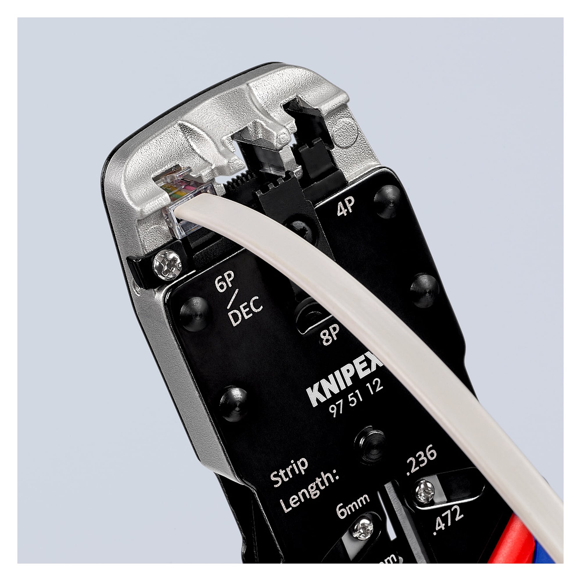 Pince à sertir pour fiches Western RJ 10, RJ 11/12 et RJ 45, avec couteau à dégainer, 200 mm