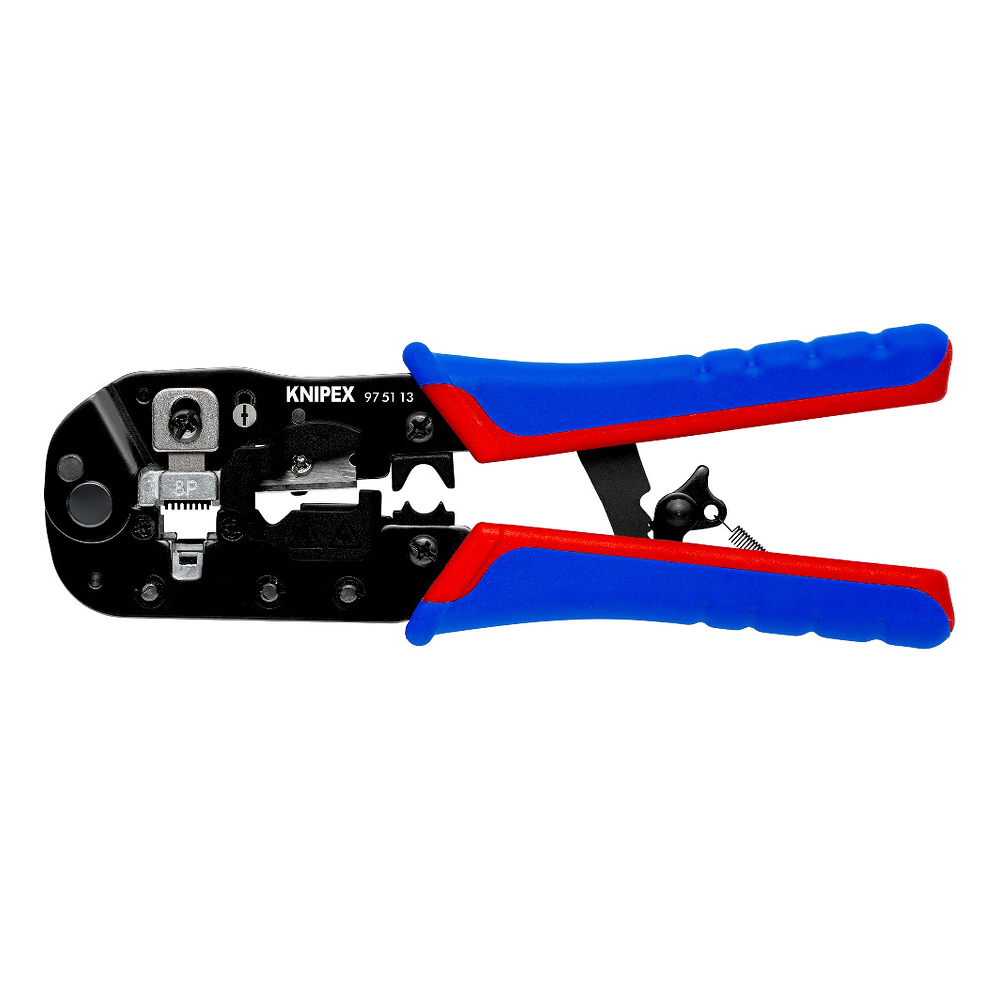 Pince à sertir pour fiches Western RJ45 8 pôles, à cliquet et fonction dénudage, 190 mm
