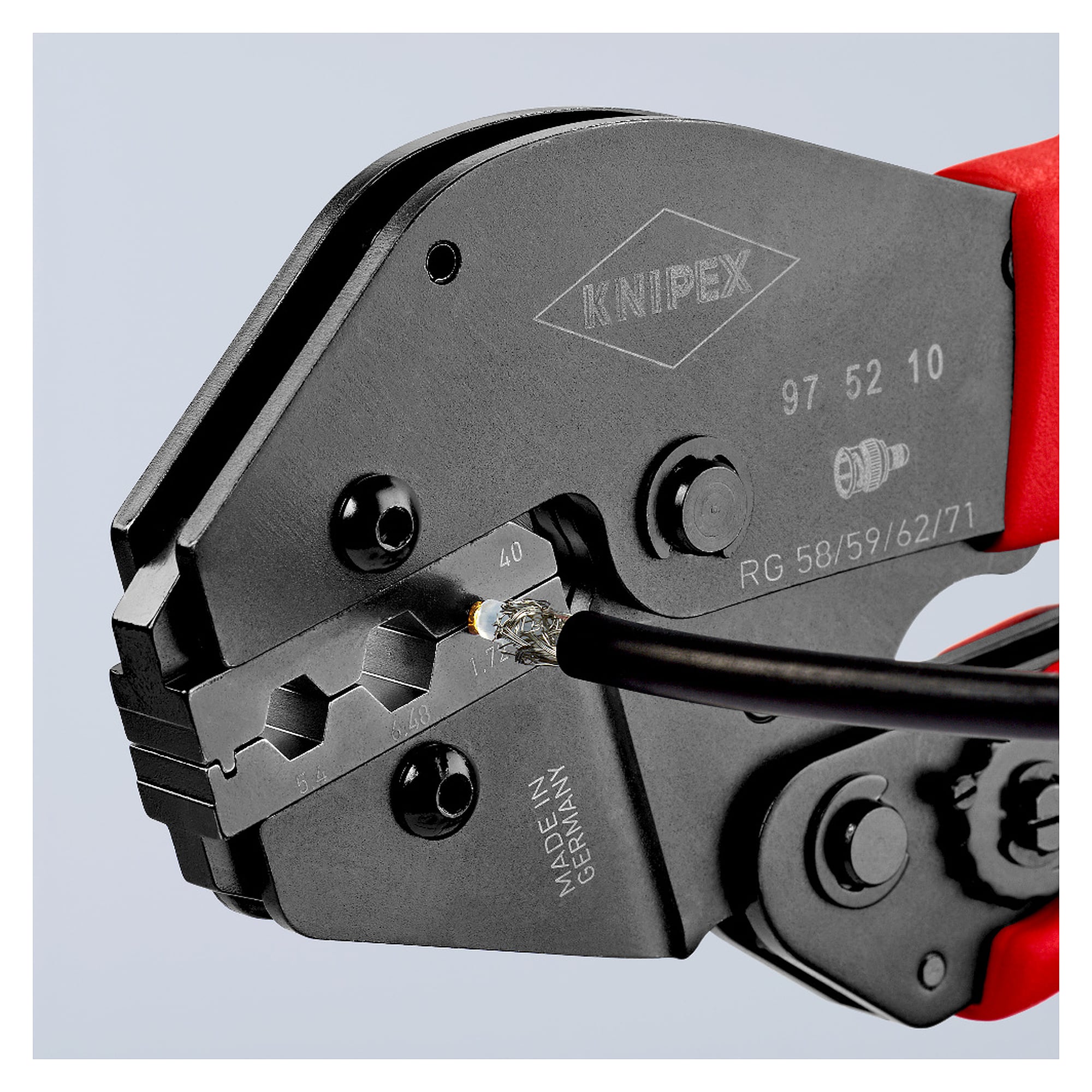 Crimping pliers for coaxial, BNC and TNC connectors, RG 58 to RG 223, two-hand operation, 250 mm