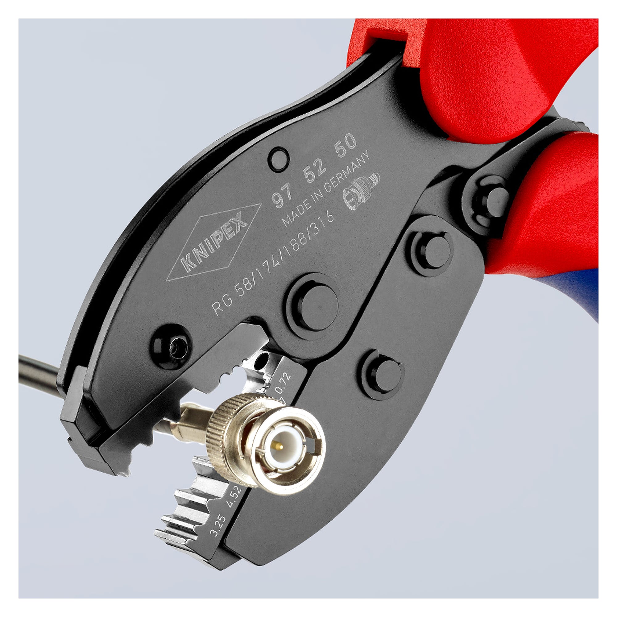 Crimping pliers PreciForce for coaxial BNC connectors, 6 crimping nests, 220 mm