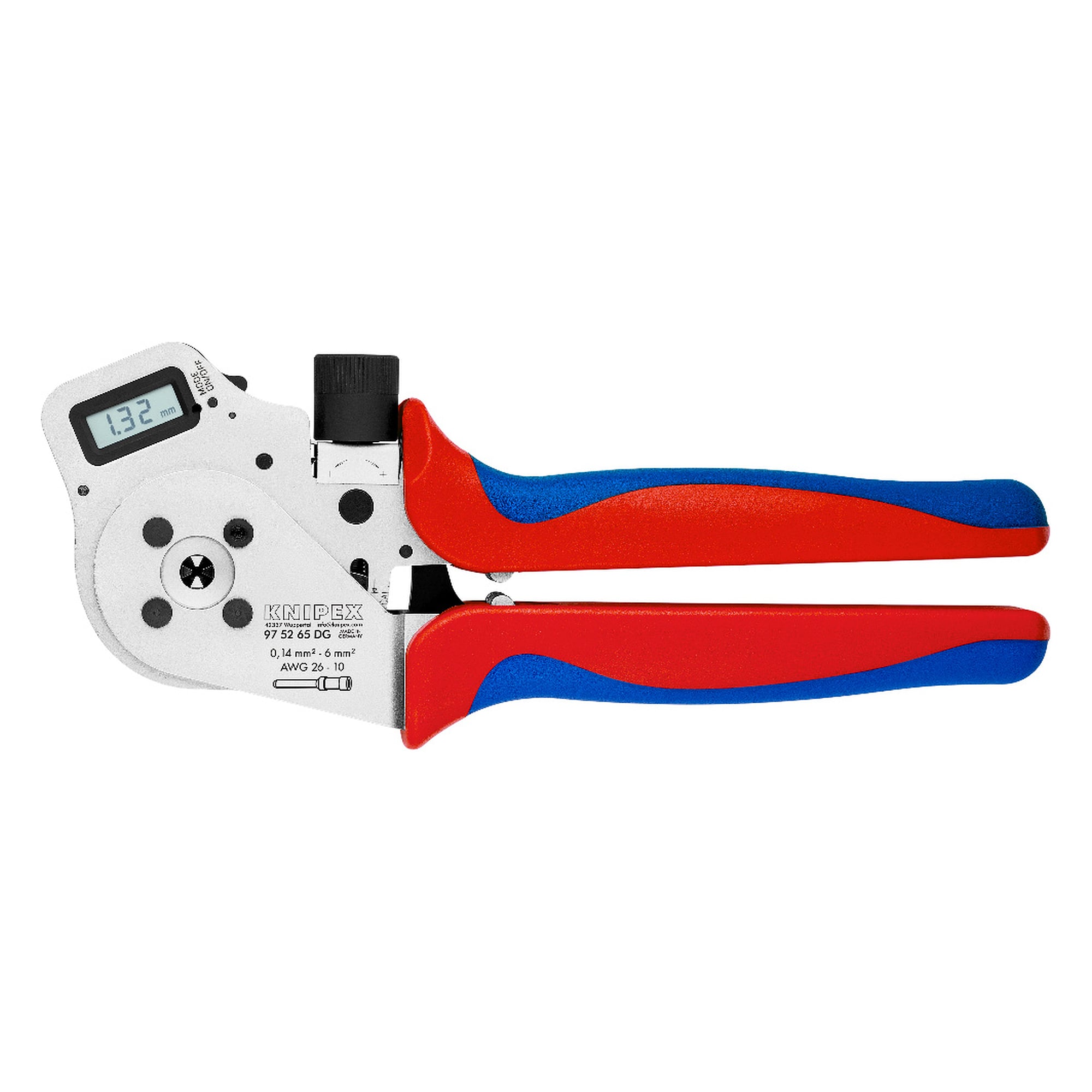 Vierdorncrimpzange für gedrehte Kontakte 0,14 bis 6 mm², digital einstellbar, Länge 240 mm