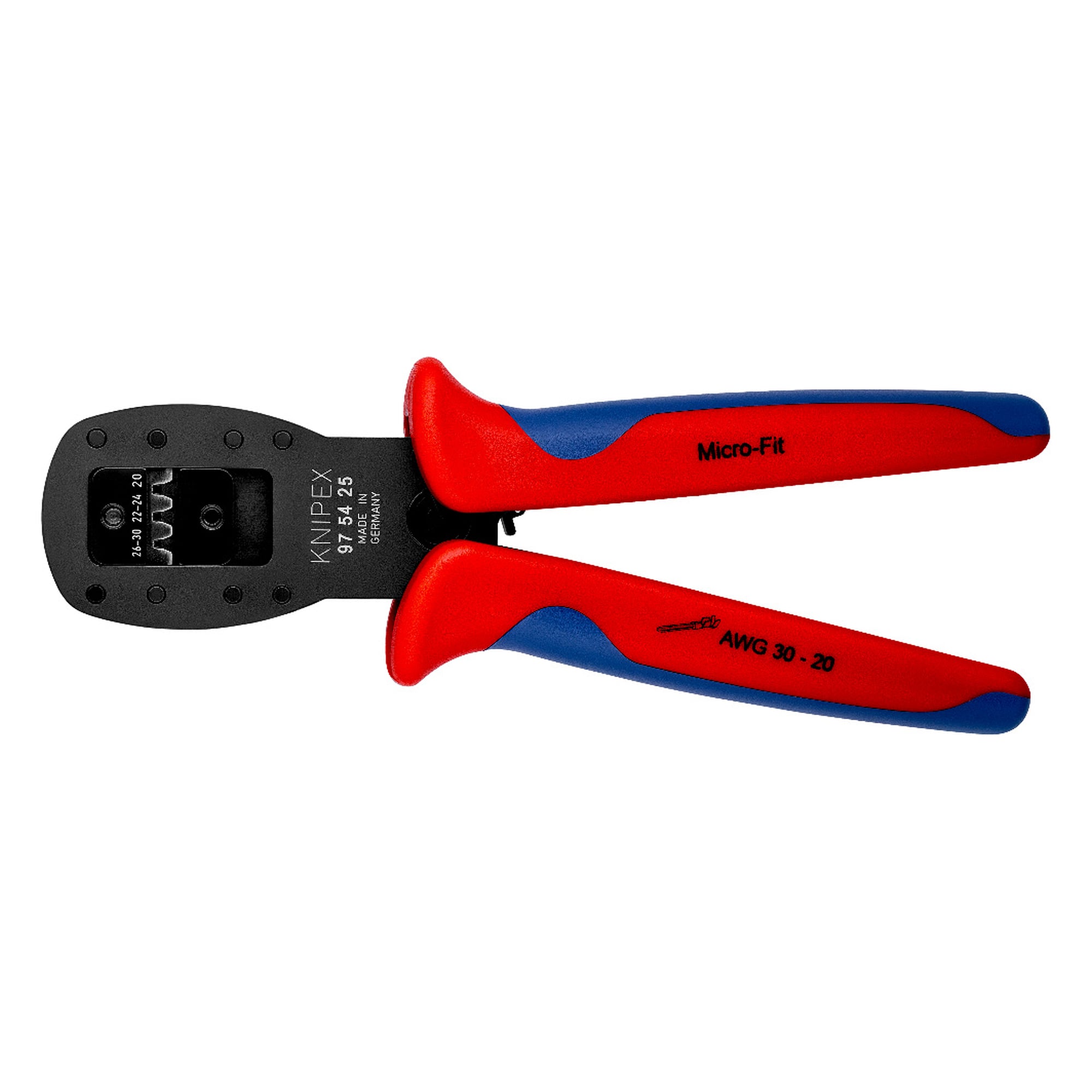Crimping pliers for micro plugs with parallel crimping for Molex Micro-Fit 3.0, 3 dies, 190 mm