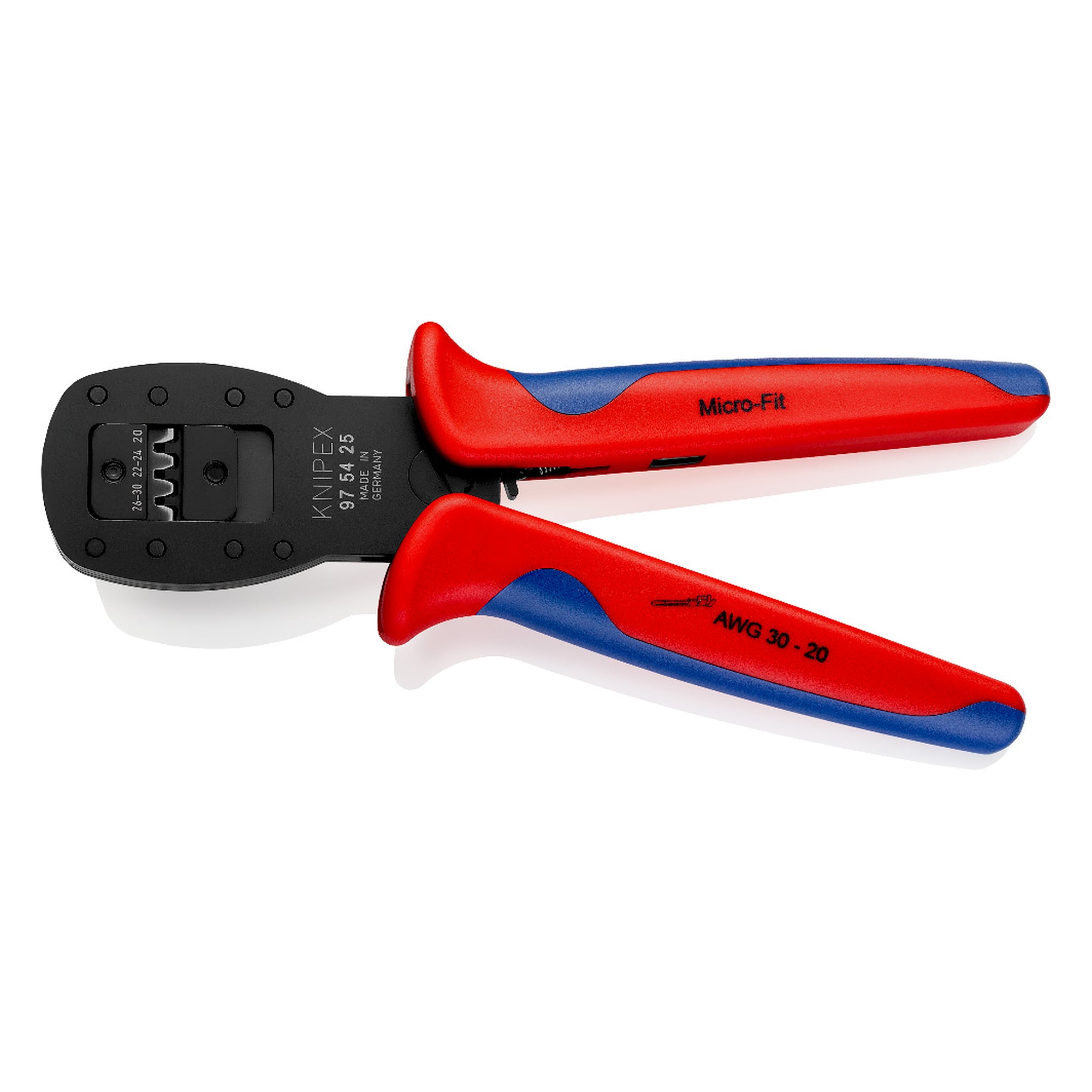 Crimping pliers for micro plugs with parallel crimping for Molex Micro-Fit 3.0, 3 dies, 190 mm