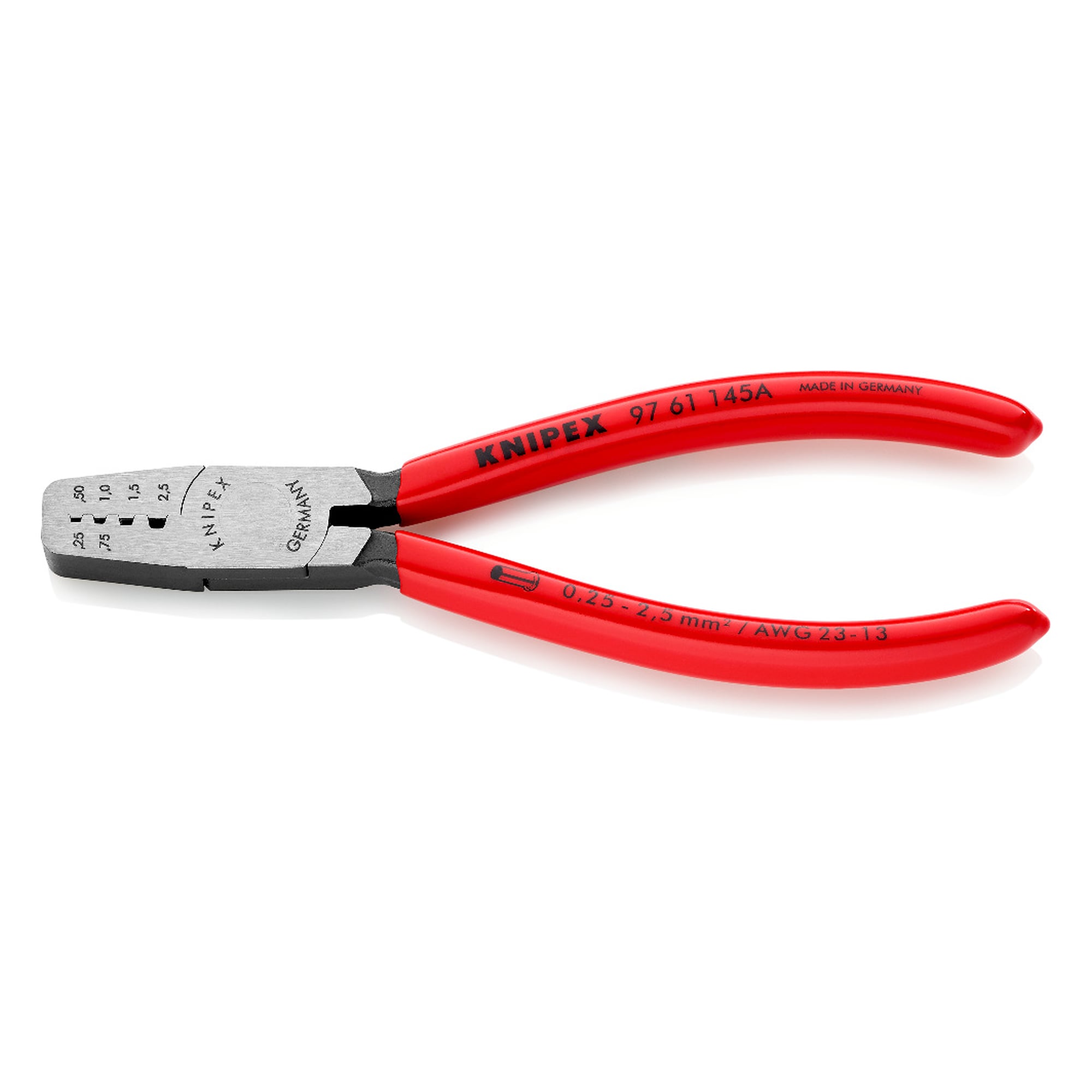 Crimpzange für Aderendhülsen 0,25 bis 2,5 mm² mit Trapez-Crimp, vier Nester, 145 mm