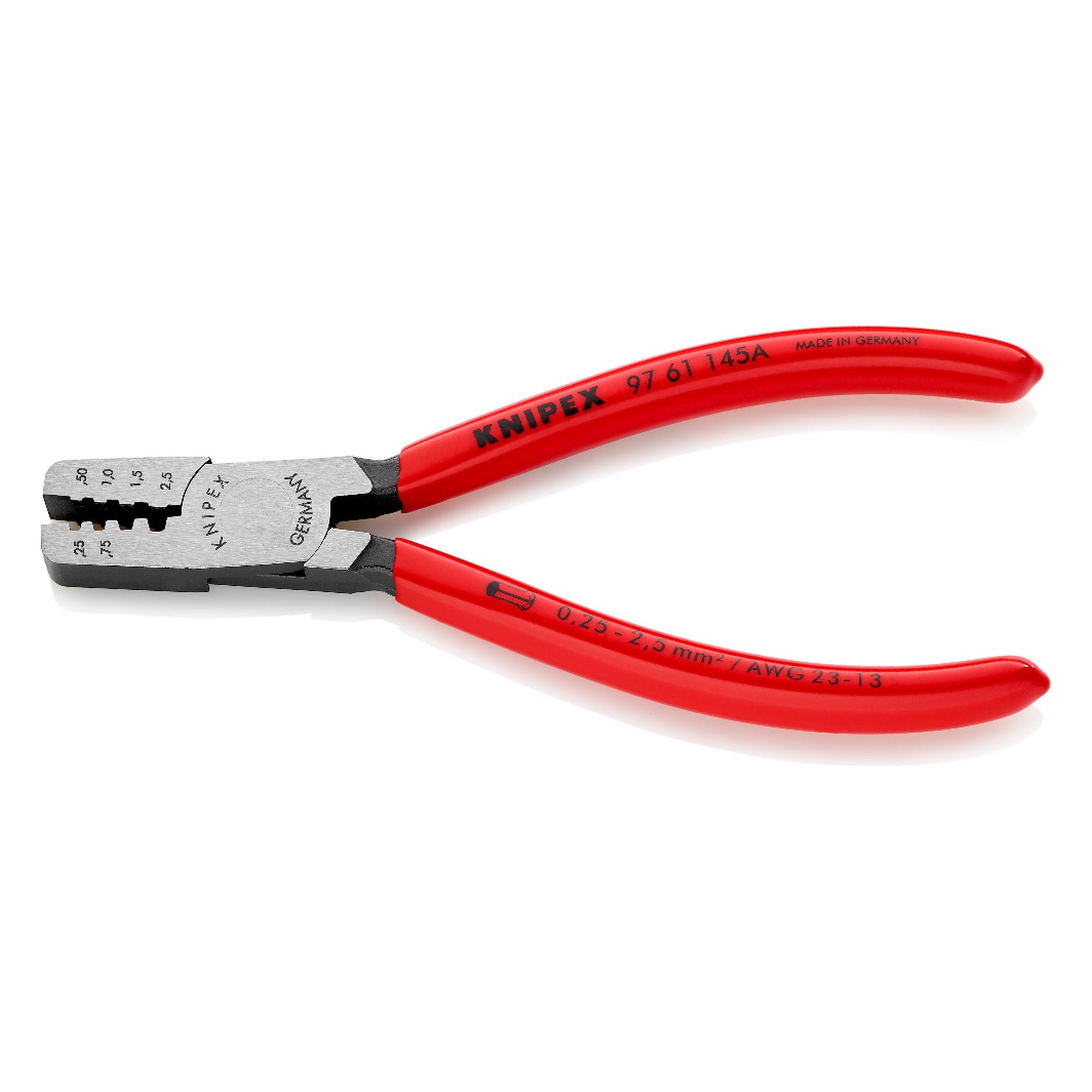 Crimpzange für Aderendhülsen 0,25 bis 2,5 mm² mit Trapez-Crimp, vier Nester, 145 mm