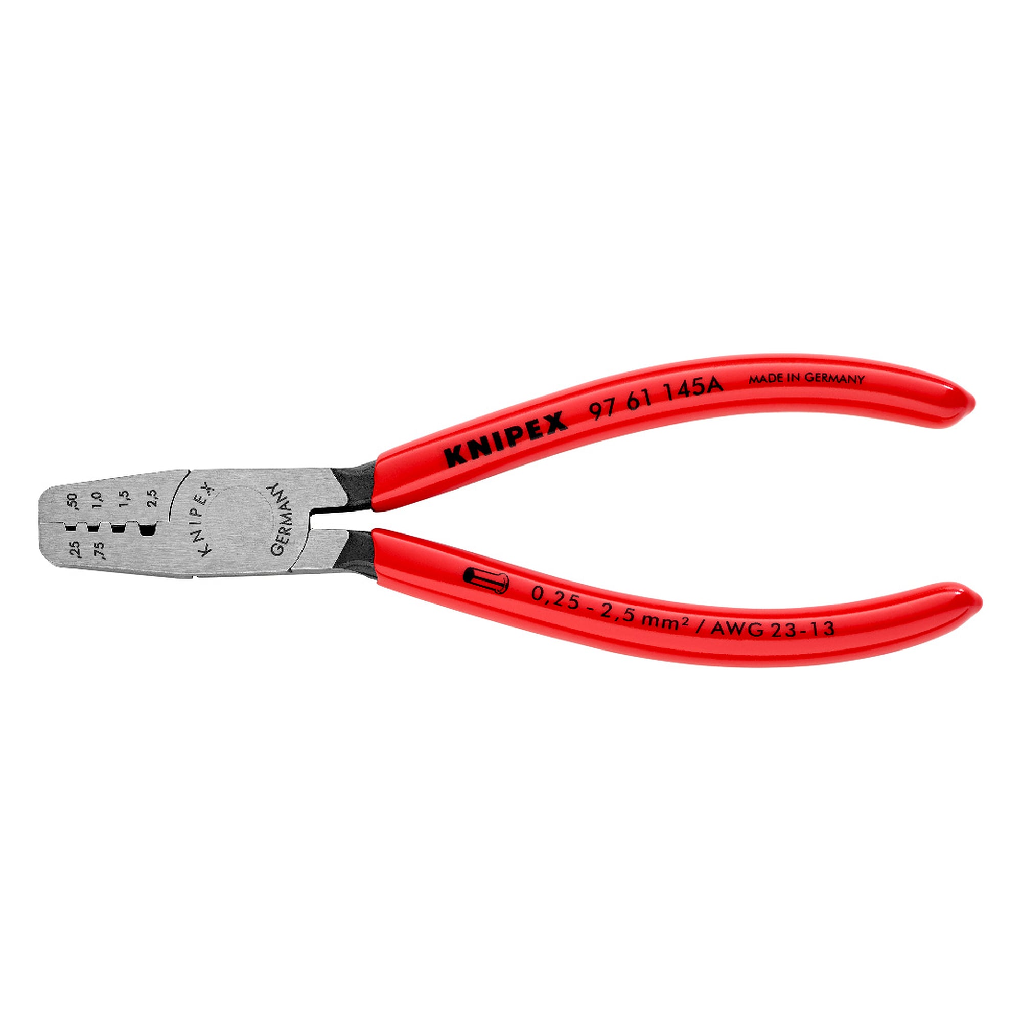 Crimpzange für Aderendhülsen 0,25 bis 2,5 mm² mit Trapez-Crimp, vier Nester, 145 mm