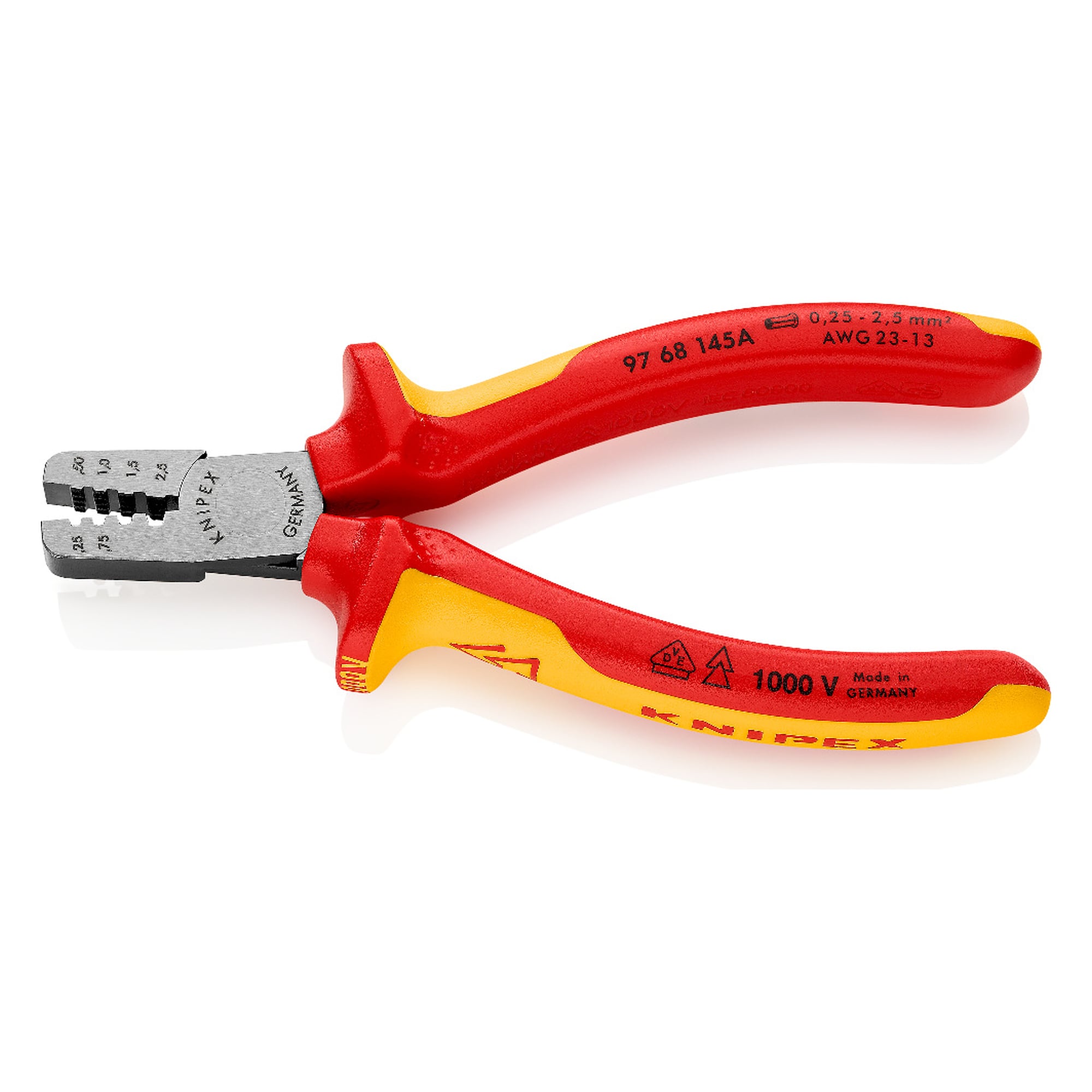 Pince à sertir pour embouts de câble 0,25 à 2,5 mm², sertissage trapézoïdal, VDE 1000 V, 145 mm
