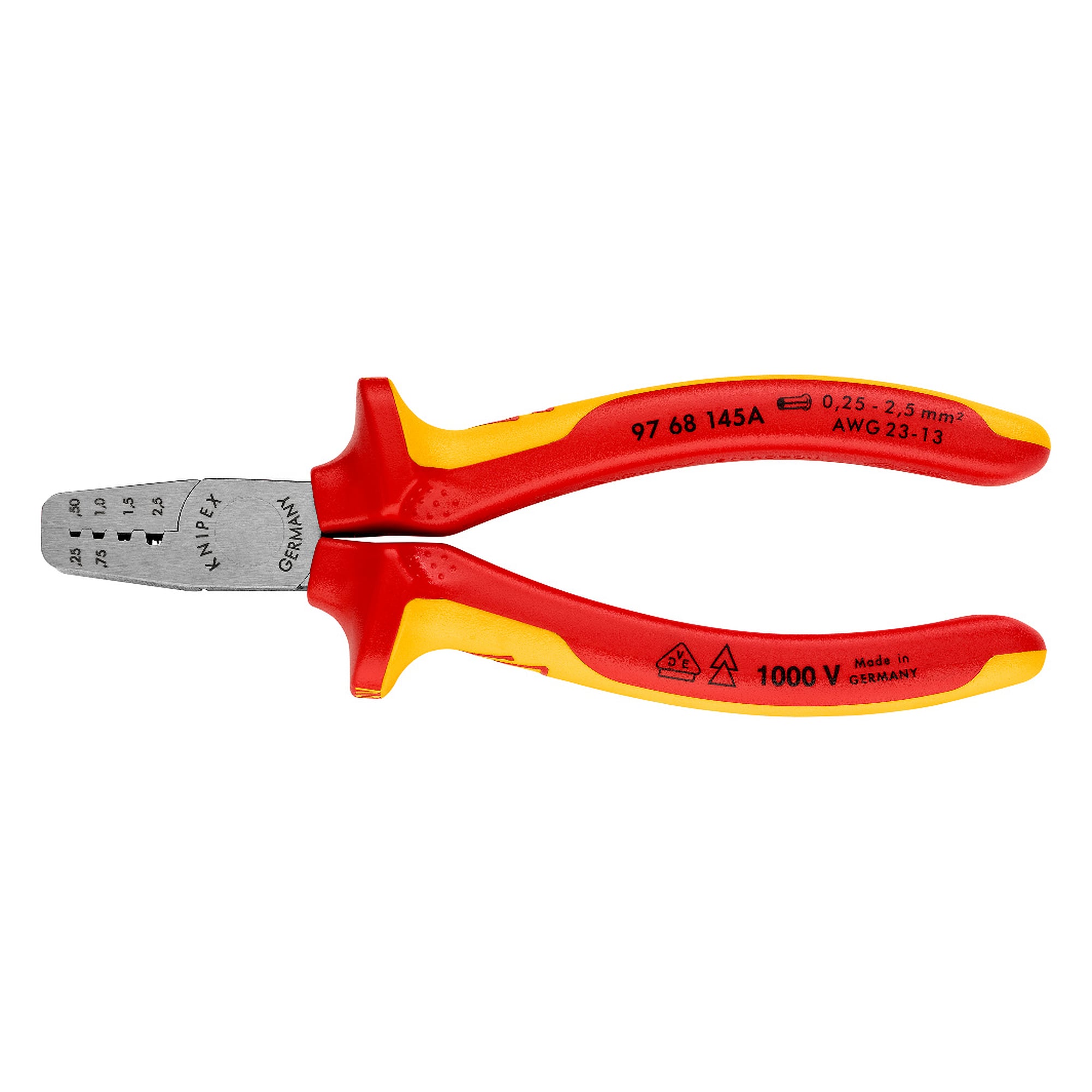 Pince à sertir pour embouts de câble 0,25 à 2,5 mm², sertissage trapézoïdal, VDE 1000 V, 145 mm