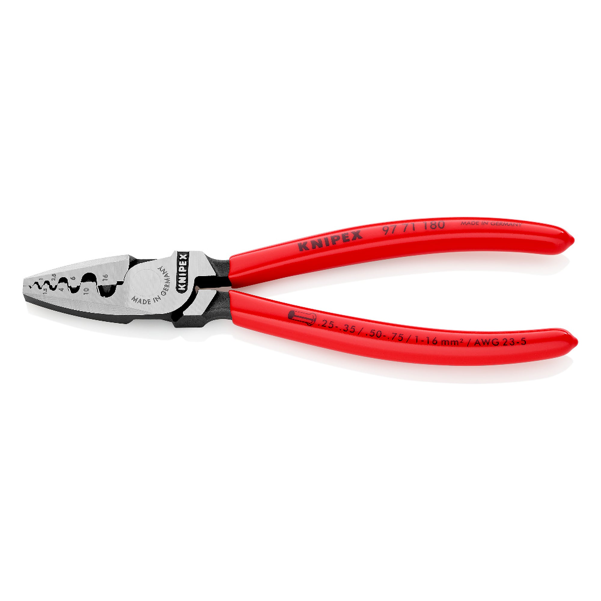Pince à sertir pour embouts de câble 0,25 à 16,0 mm² à neuf matrices demi-rondes, 180 mm