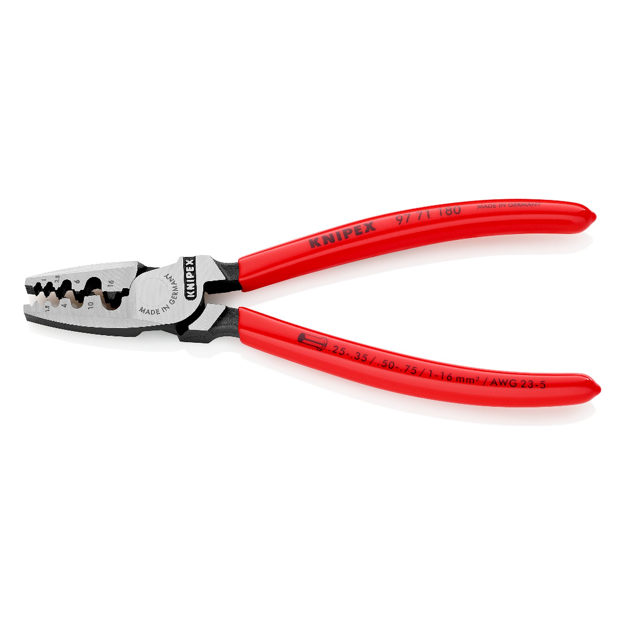 Pince à sertir pour embouts de câble 0,25 à 16,0 mm² à neuf matrices demi-rondes, 180 mm