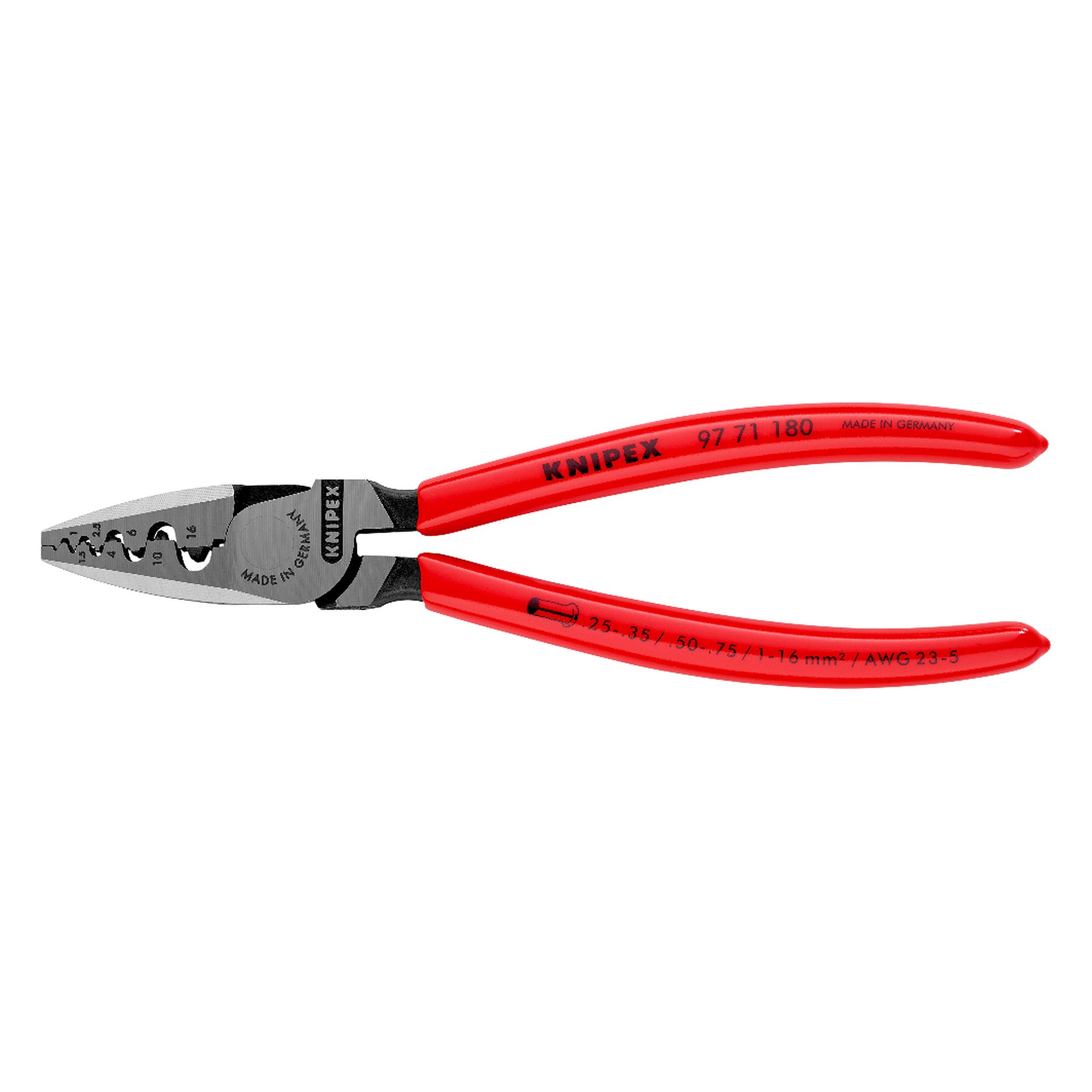 Pince à sertir pour embouts de câble 0,25 à 16,0 mm² à neuf matrices demi-rondes, 180 mm