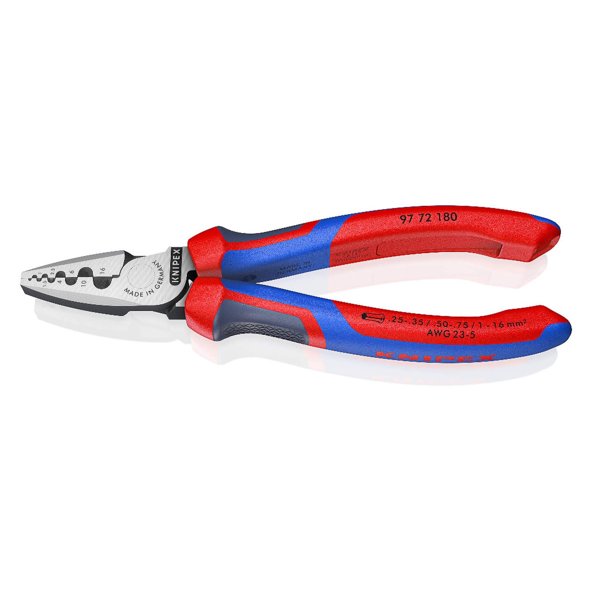 Crimpzange für Aderendhülsen 0,25 - 16,0 mm², neun Profile, Comfort-Griffe, 180 mm