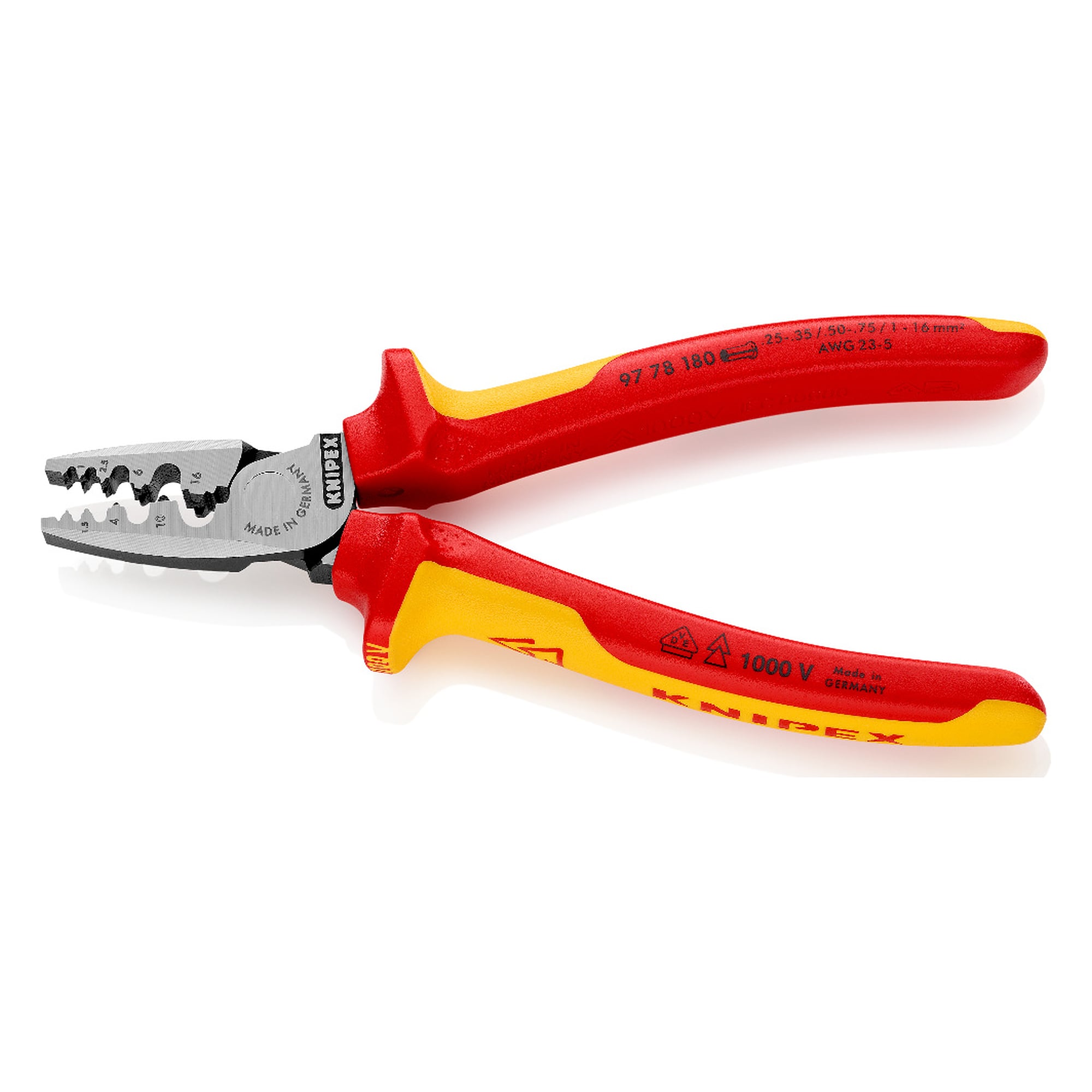 Crimpzange für Aderendhülsen isoliert VDE, 0,25 - 16,0 mm², neun Profile, 180 mm