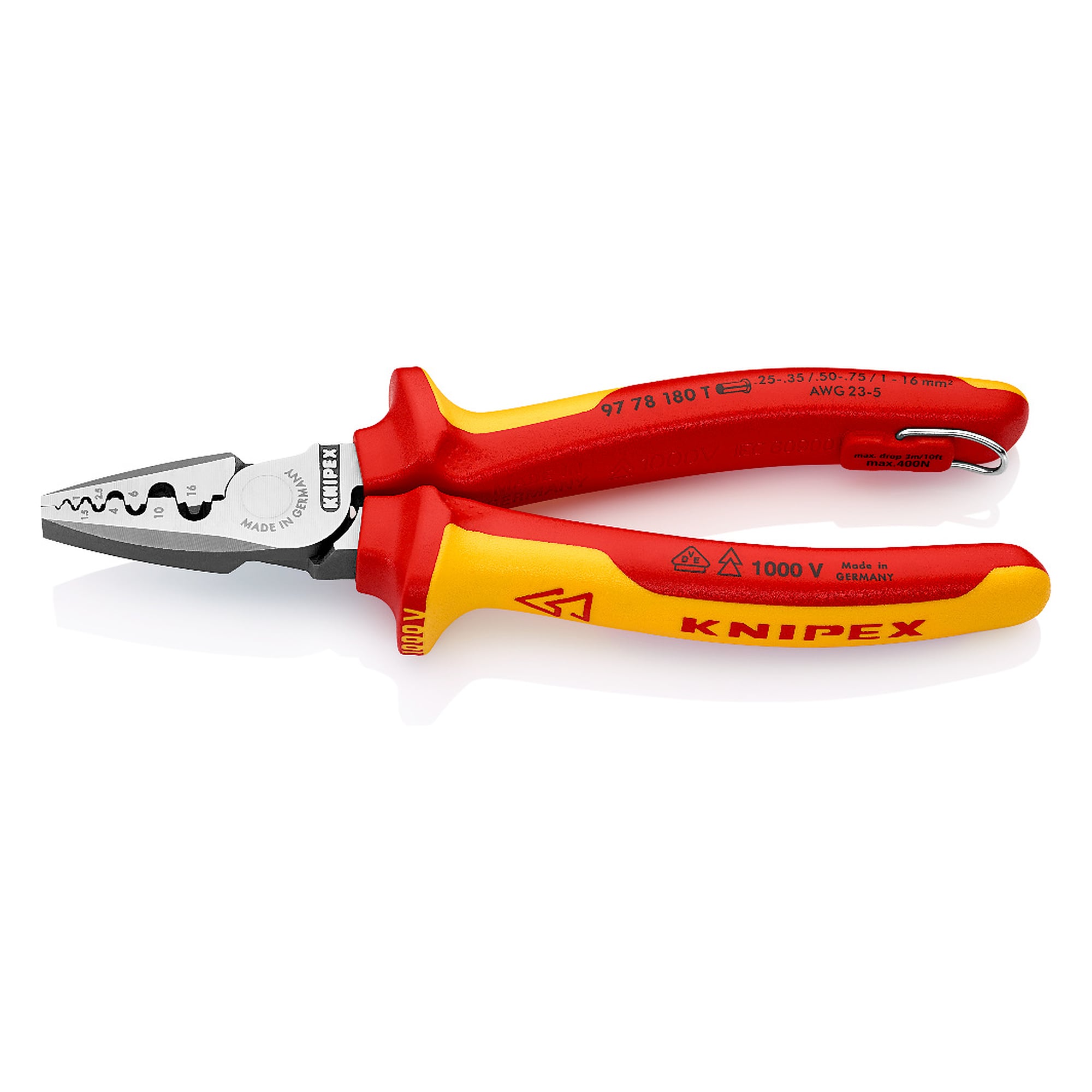 Pince à sertir pour embouts de câble isolée VDE, 0,25 - 16,0 mm², oeillet de fixation, 180 mm