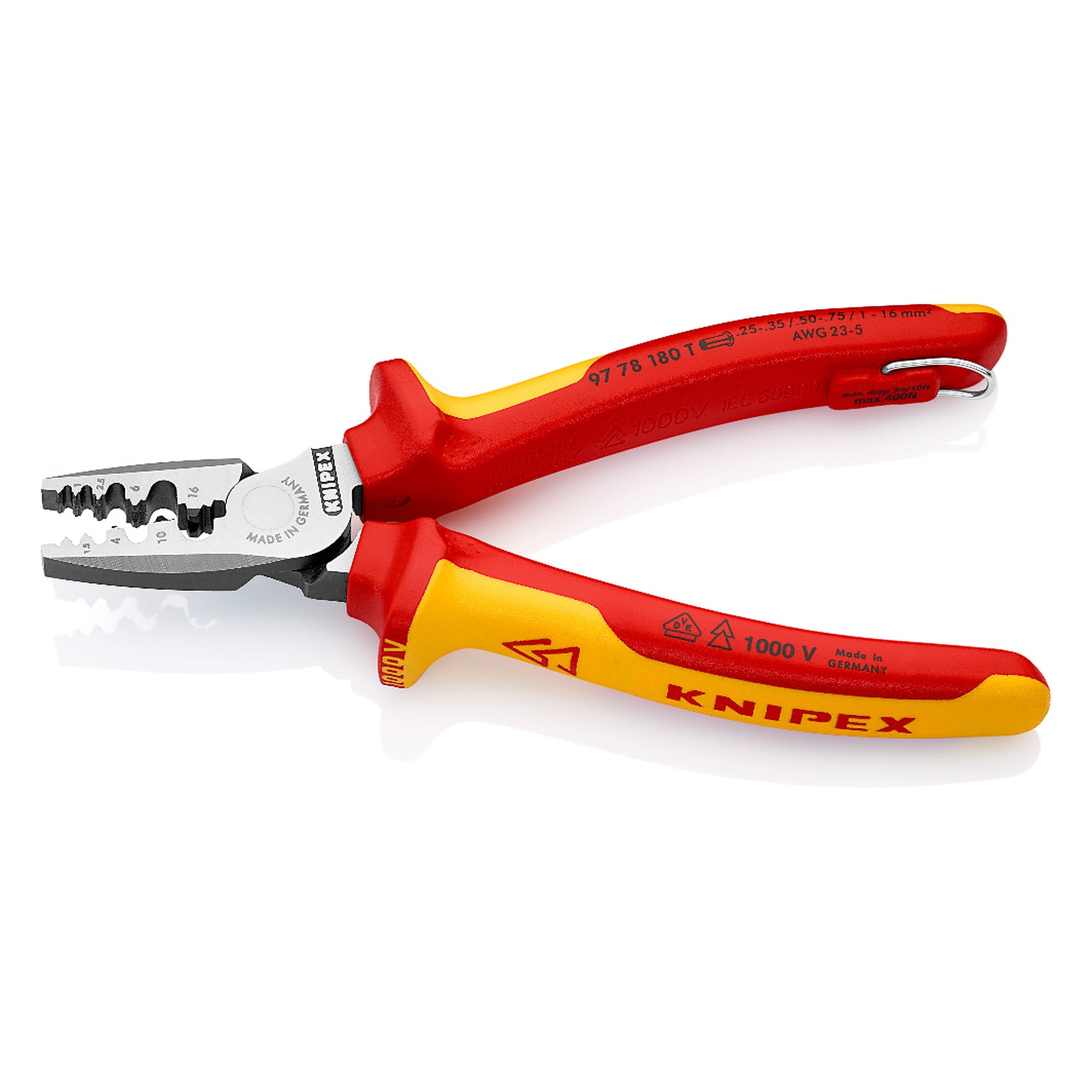 Pince à sertir pour embouts de câble isolée VDE, 0,25 - 16,0 mm², oeillet de fixation, 180 mm
