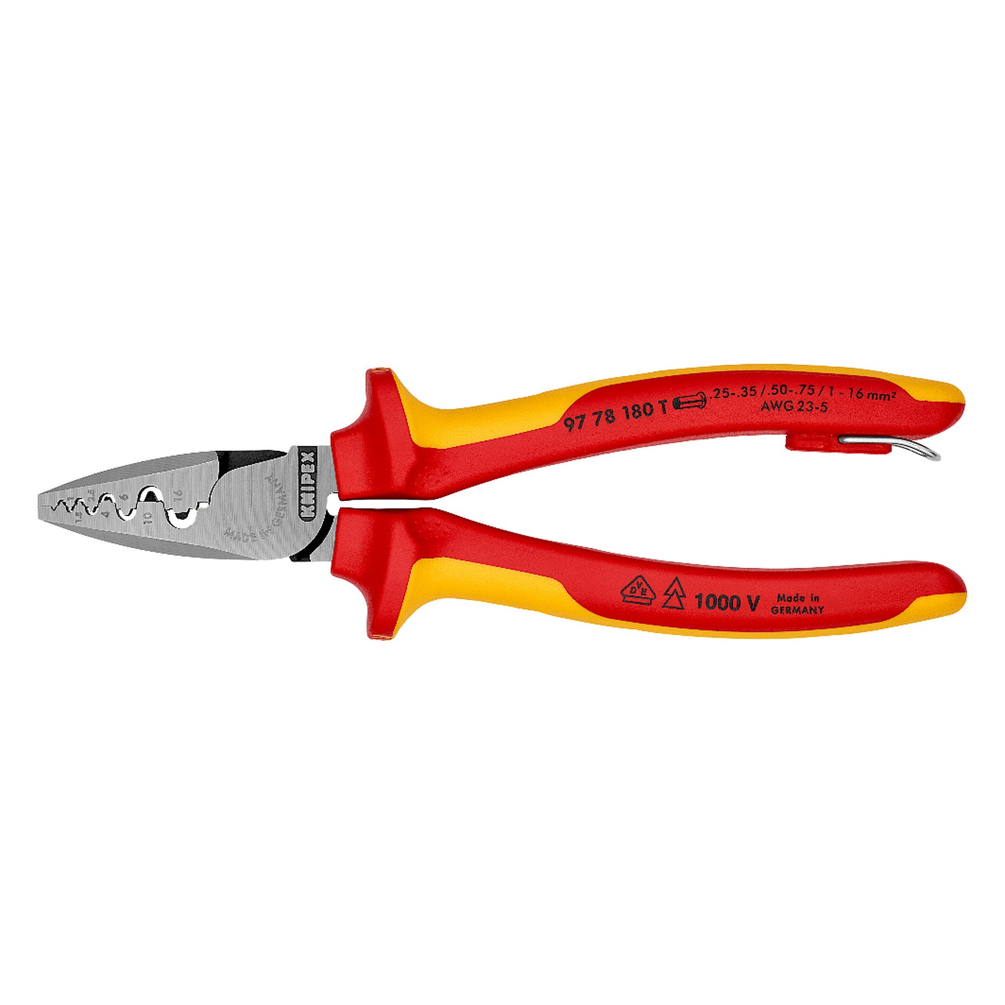 Pince à sertir pour embouts de câble isolée VDE, 0,25 - 16,0 mm², oeillet de fixation, 180 mm