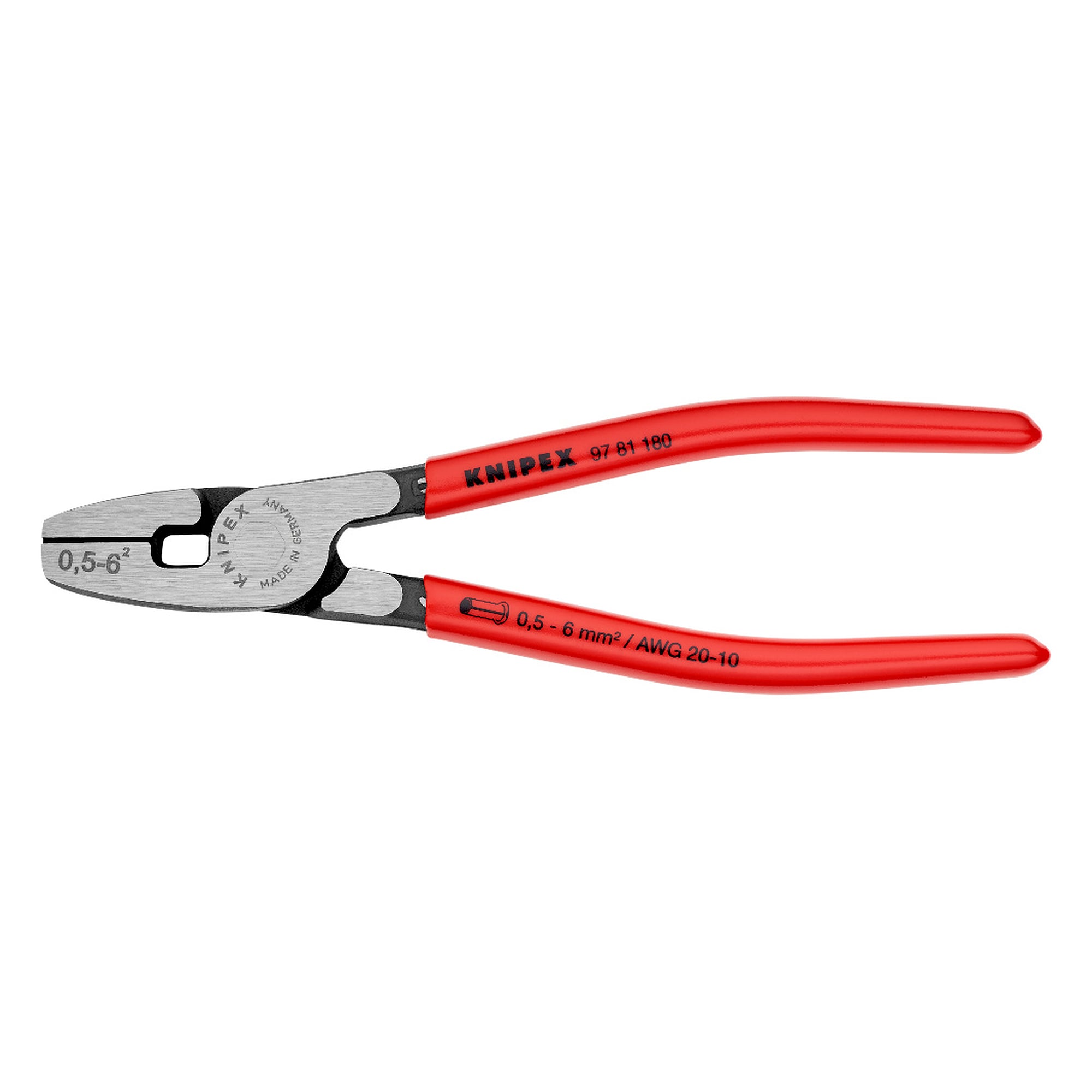 Crimping pliers for wire ferrules with front loading, 0.5 - 6.0 mm², 13 mm slim, 180 mm