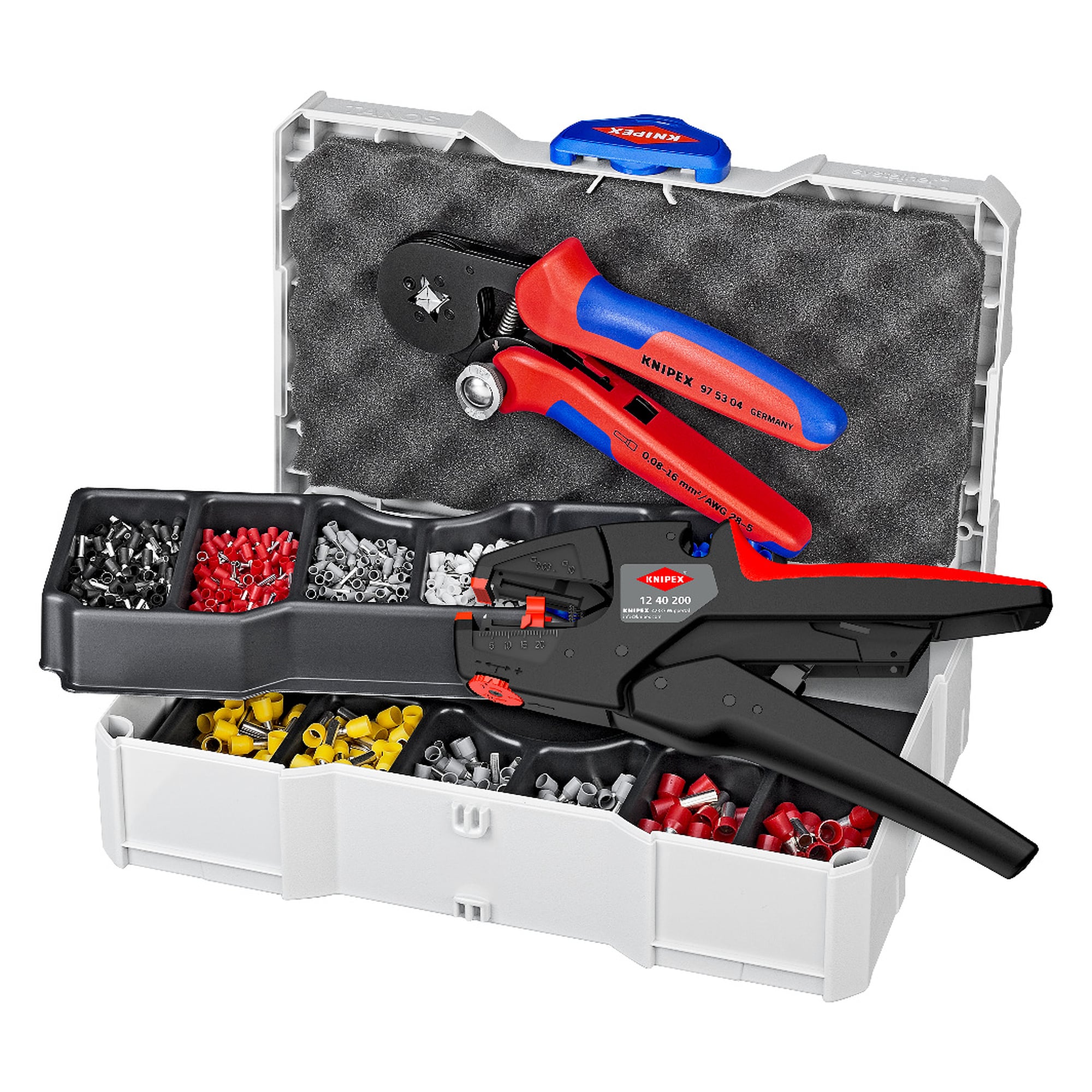 Crimp assortment for wire ferrules with crimping pliers 97 53 04 and insulation stripper 12 40 200 in a MINI-systainer
