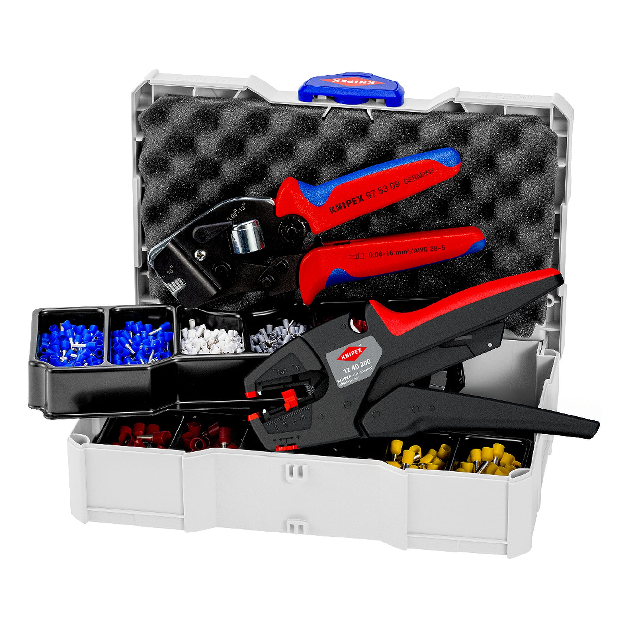 Crimp assortment for wire ferrules in a systainer, with crimping pliers 97 53 09 and insulation stripper 12 40 200