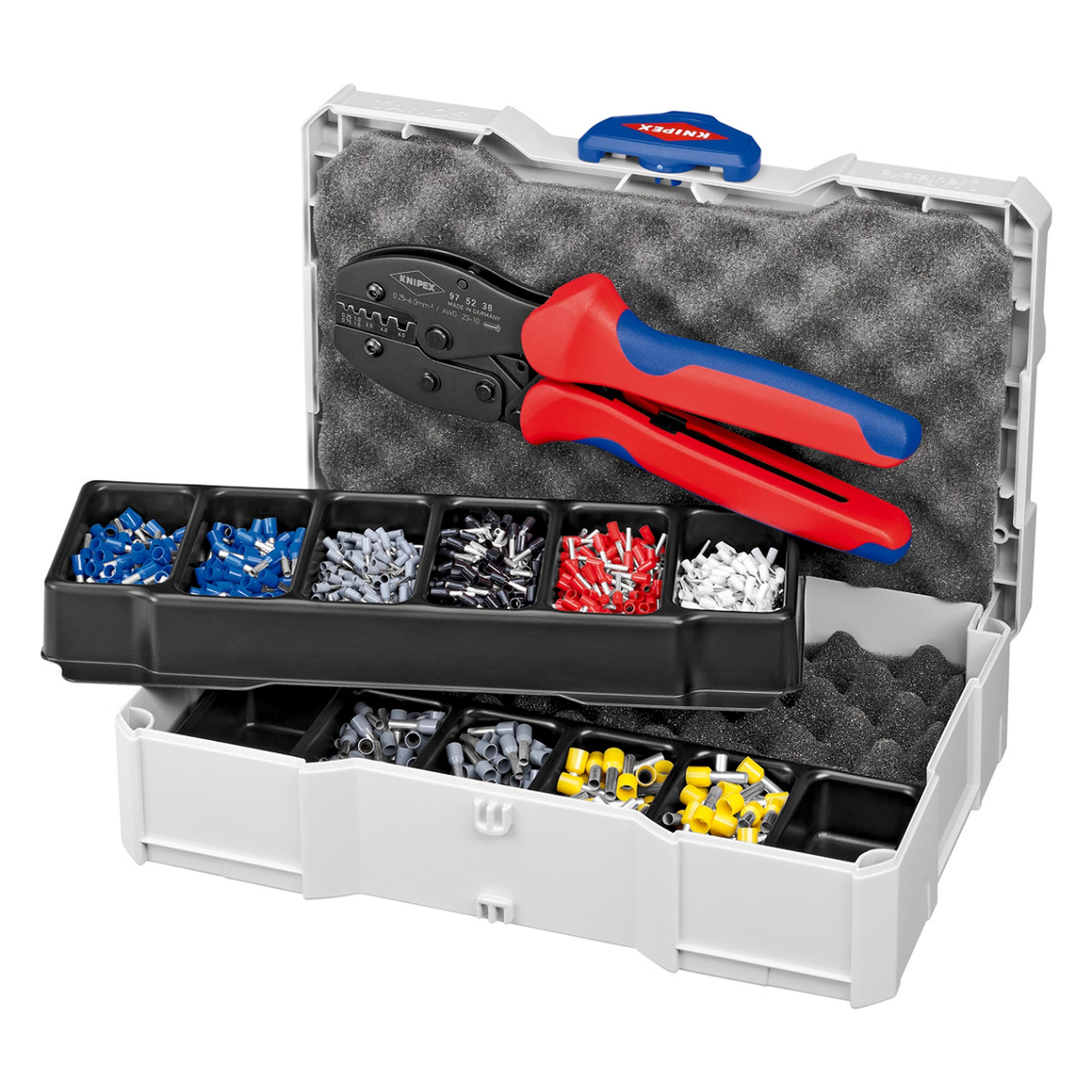 Crimp assortment for wire ferrules with PreciForce 97 52 38 crimping pliers in a MINI-systainer