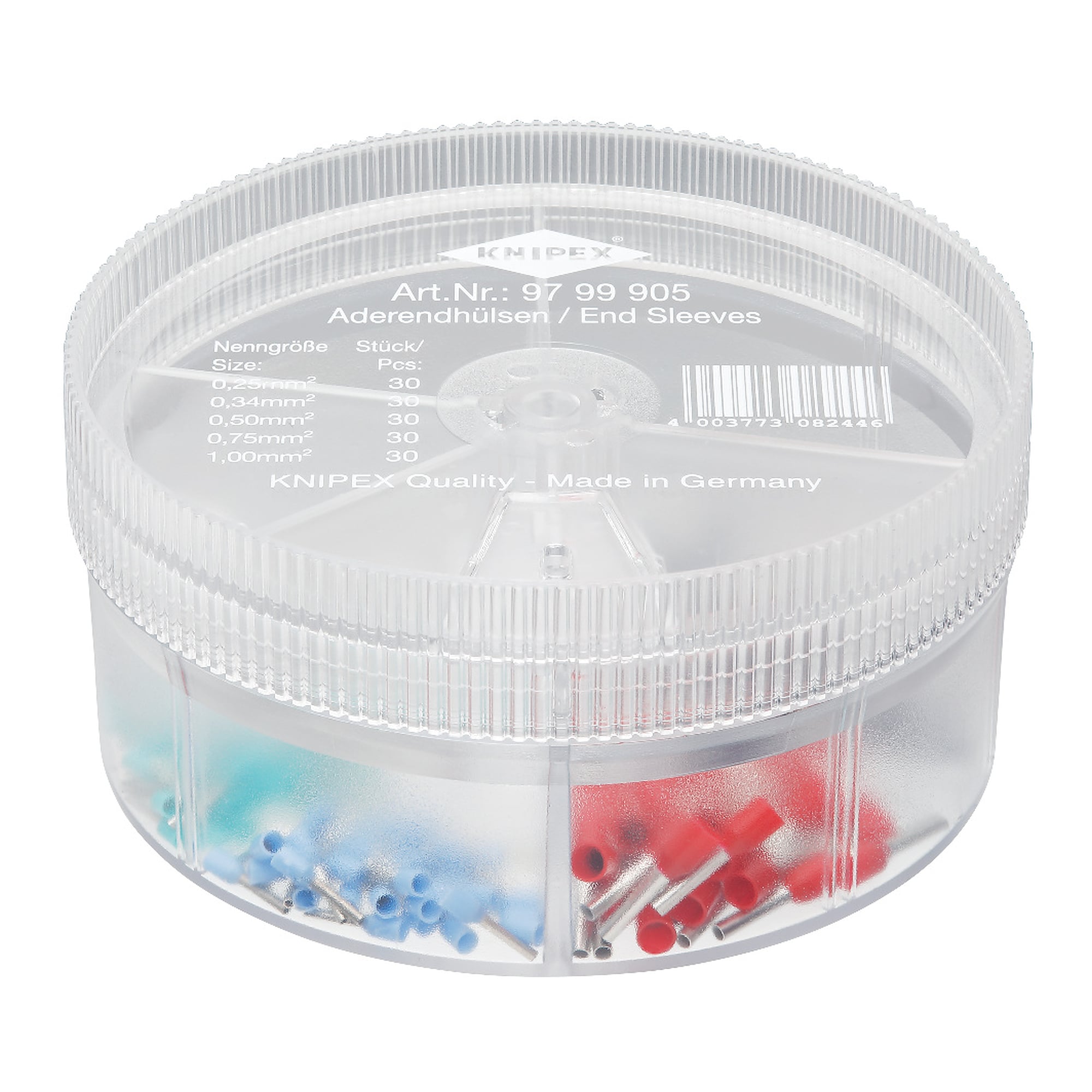 Assortment box with 150 insulated wire ferrules 0.25 to 1 mm², dispenser box Ø 90 mm