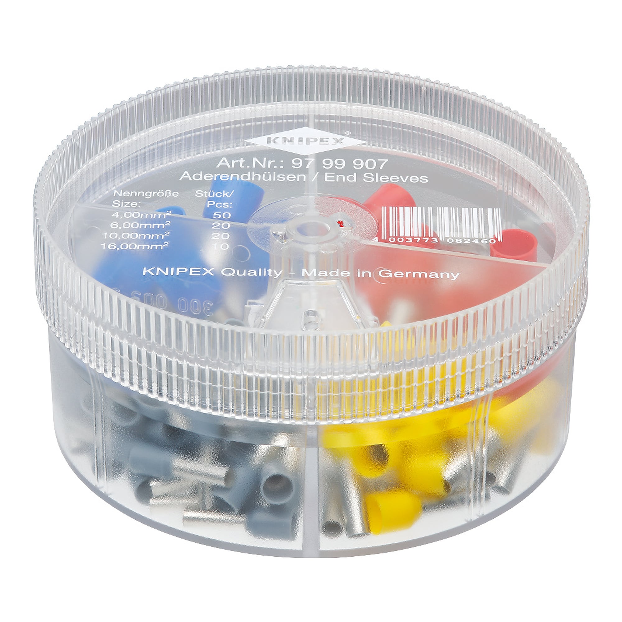 Boîtier d'assortiment avec 100 embouts de câble isolés 4 à 16 mm², boîtier Ø 90 mm