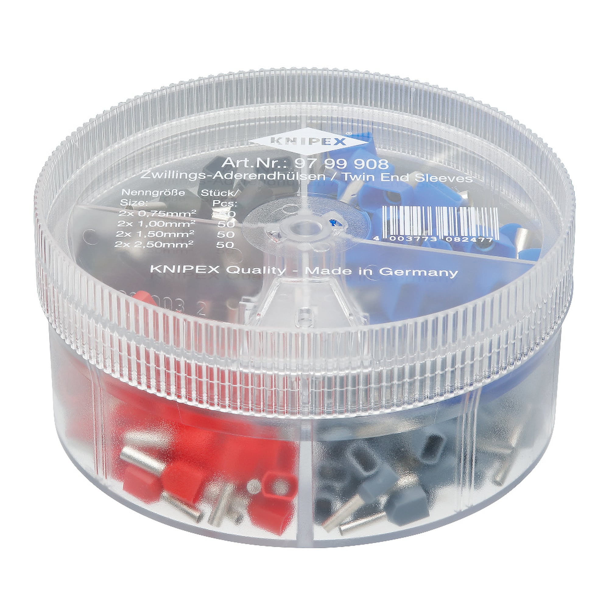 Assortment box with 200 twin wire ferrules 2 x 0.75 to 2 x 2.5 mm², dispenser box 90 mm dia.
