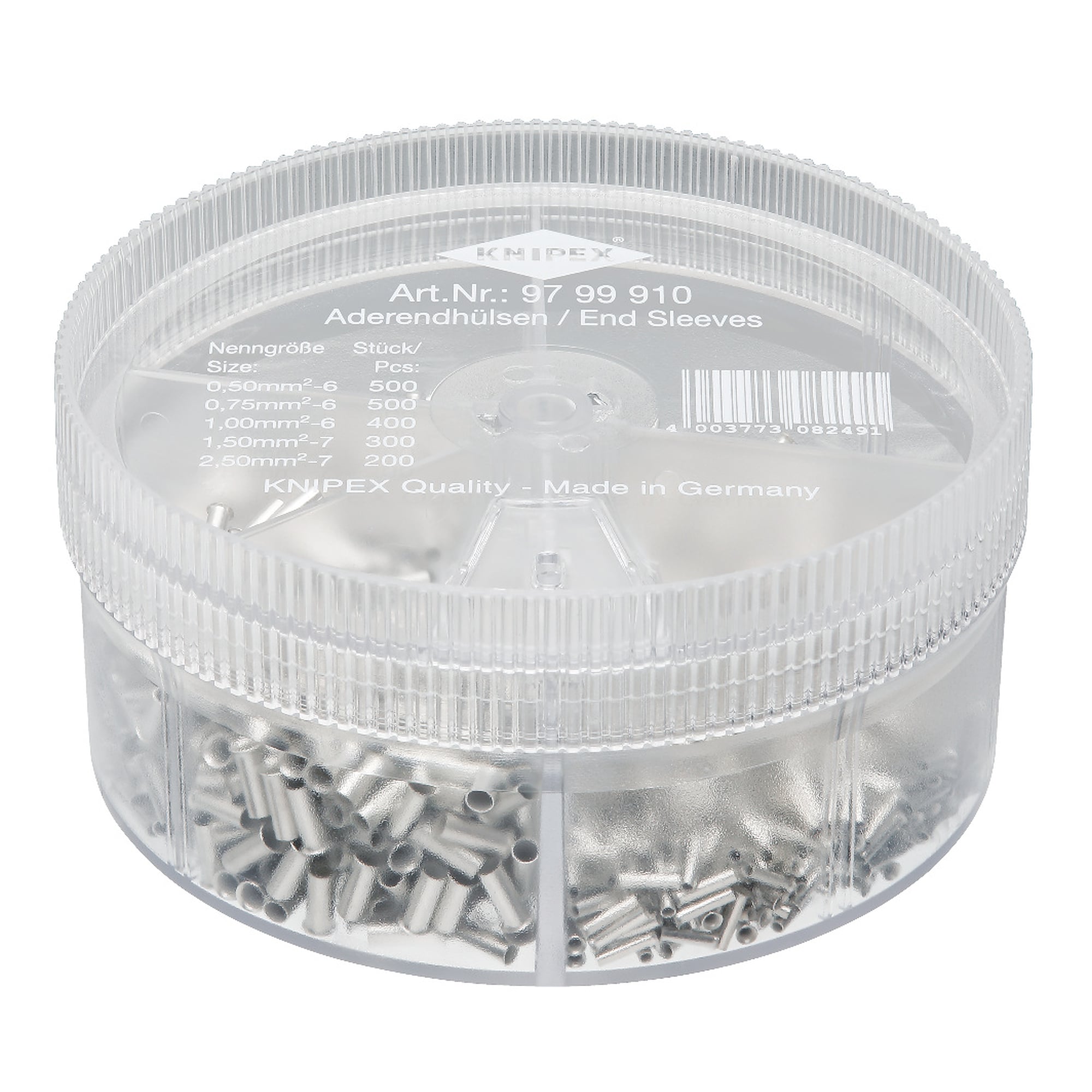 Assortment box with 1900 non-insulated wire ferrules 0.5 to 2.5 mm², dispenser box 90 mm dia.