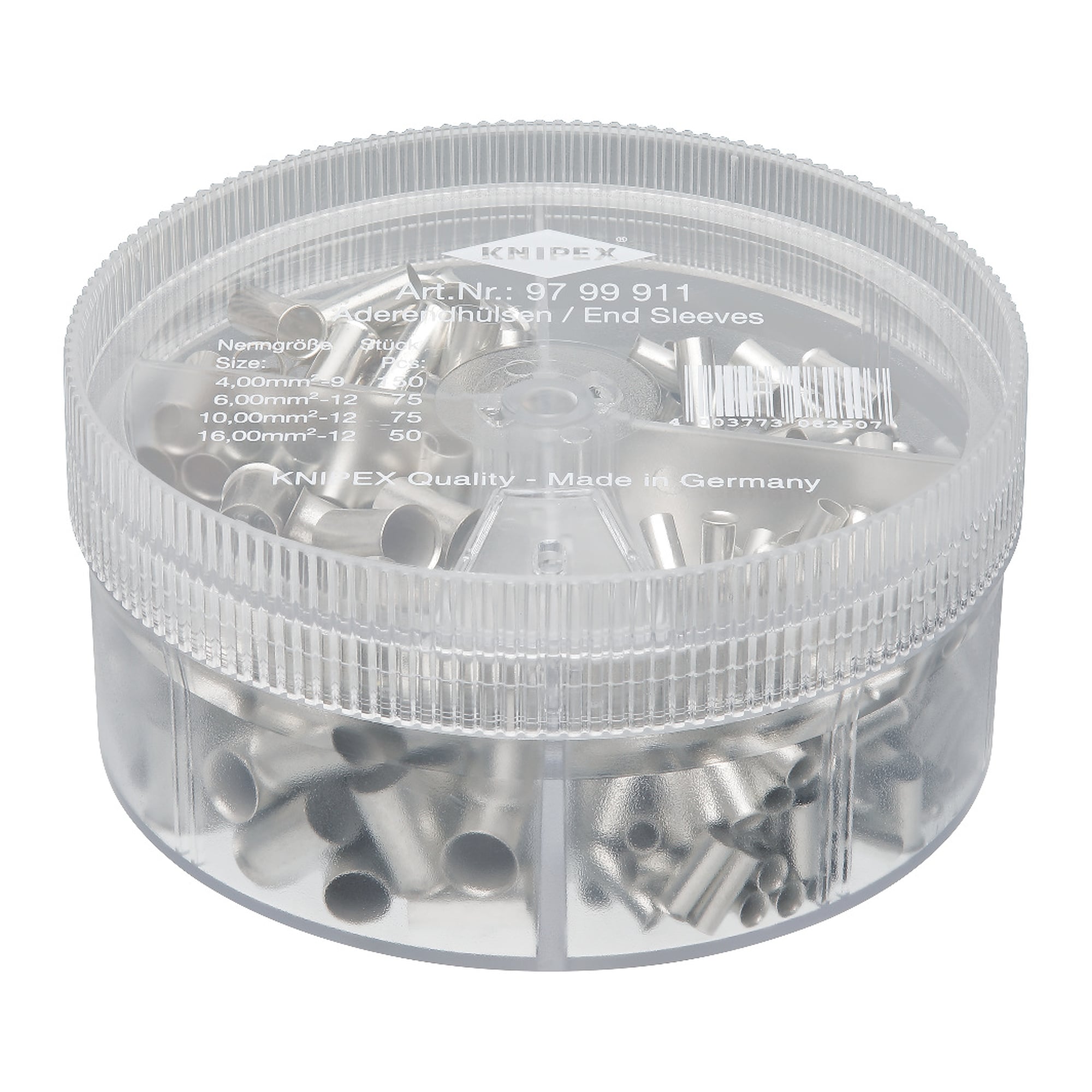 Sortimentsbox mit 350 unisolierten Aderendhülsen 4 bis 16 mm², Streudose Ø 90 mm