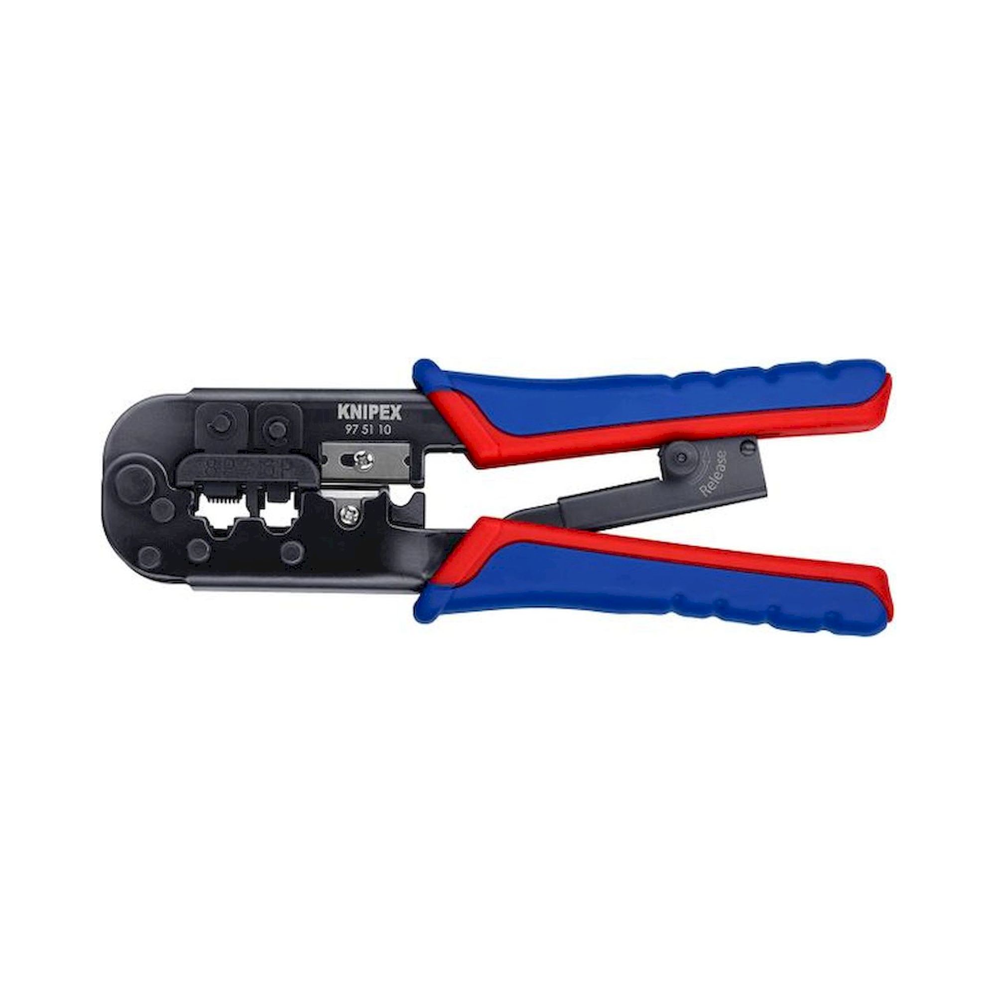 Knipex 97 51 10 SB. Crimping pliers for Western plugs, burnished, RJ 11/12 (6-pin) 9.65 mm RJ 45 (8-pin) 11.68 mm, 190 mm, sales packaging
