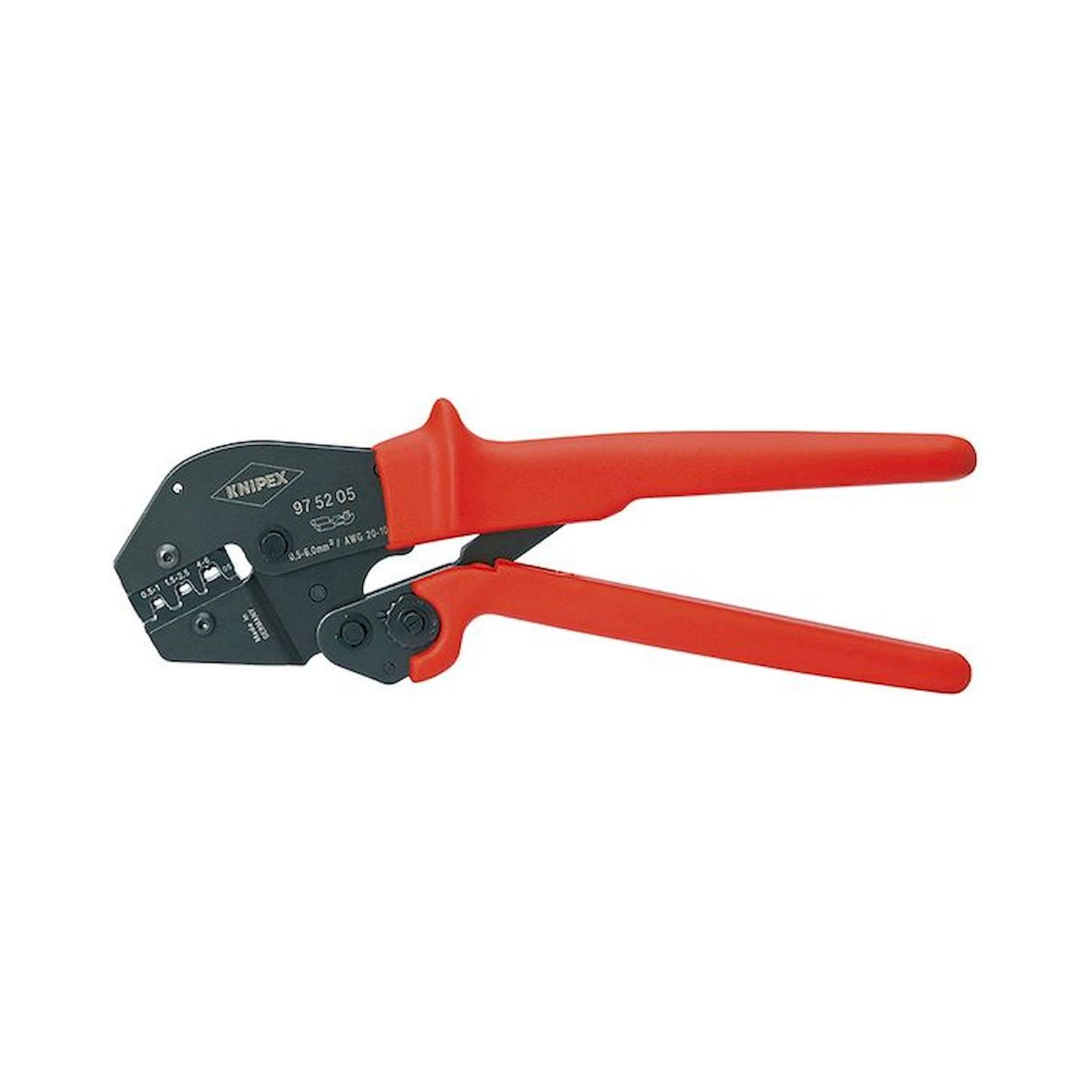 Knipex 97 52 05. Crimping pliers, also for two-hand operation, black oxide finish, for uninsulated open connectors (4.8 + 6.3 mm), 250 mm