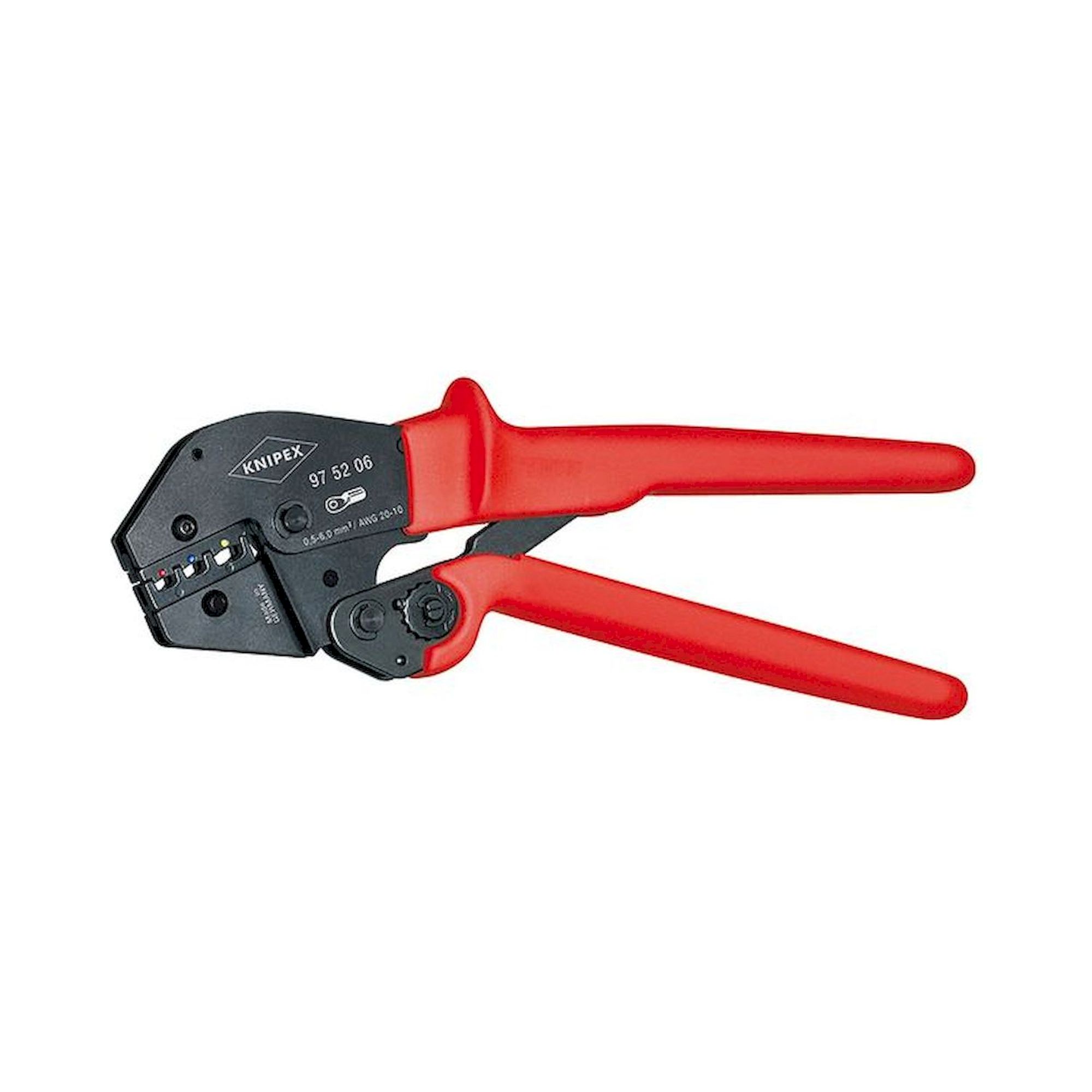 Knipex 97 52 06. Crimpzange, auch für Zweihandbedienung, brüniert, für isolierte Kabelschuhe + Steckverbinder + Stoßverbinder, 250 mm