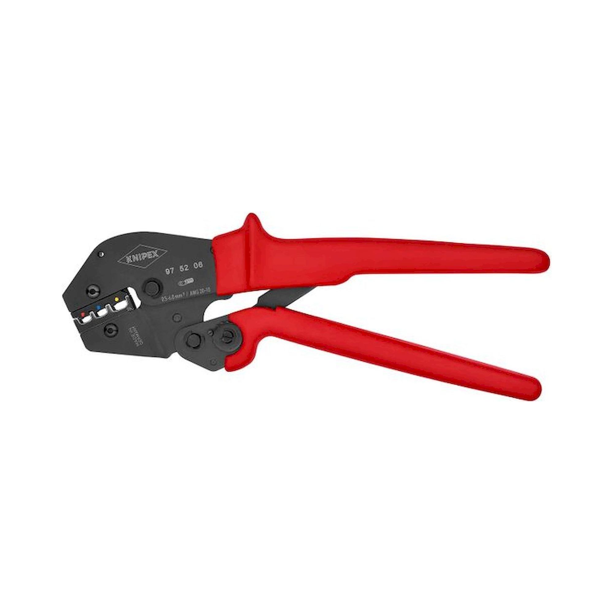 Knipex 97 52 06 SB. Crimpzange, auch für Zweihandbedienung, brüniert, für isolierte Kabelschuhe + Steckverbinder + Stoßverbinder, 250 mm, SB Verpackung