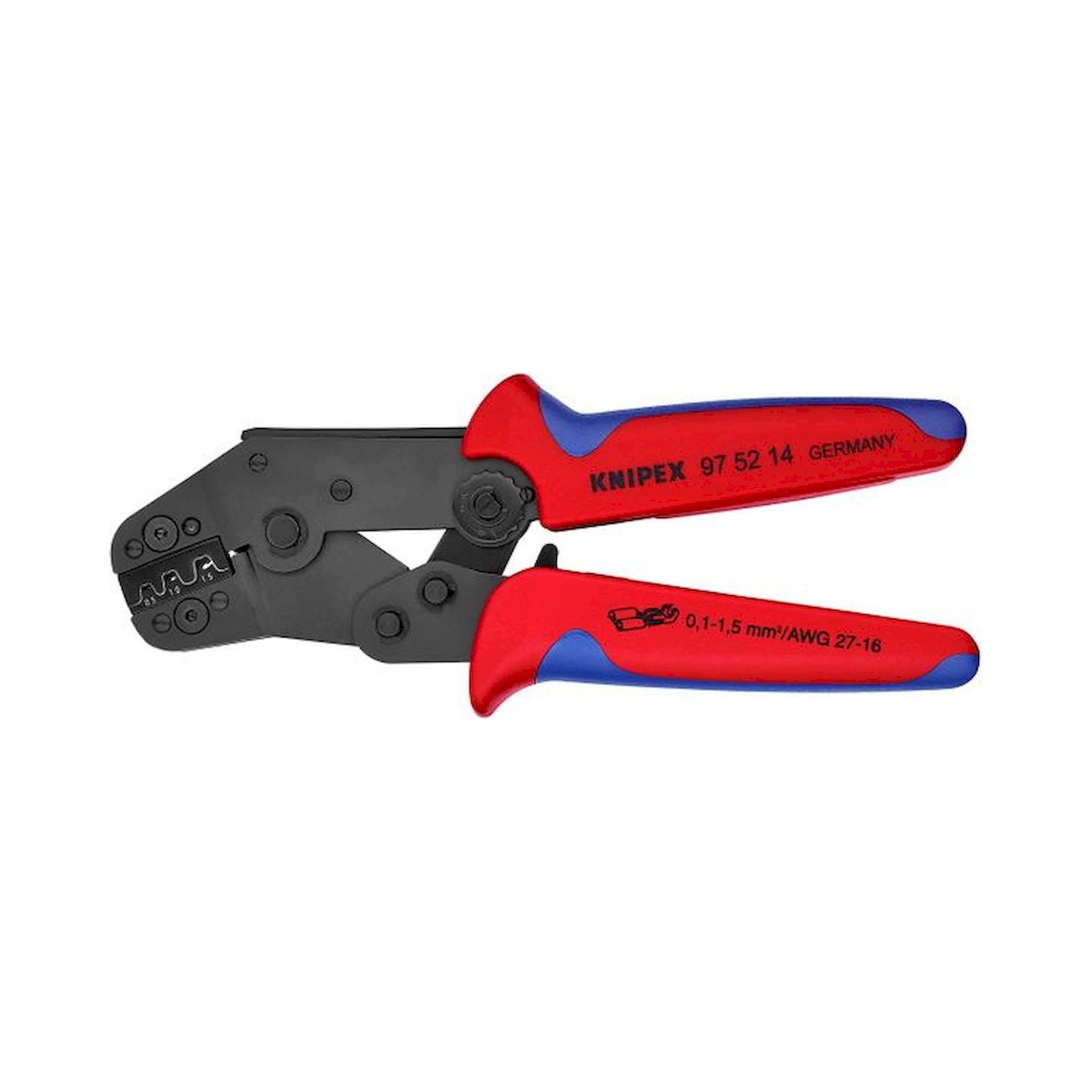 Knipex 97 52 14. Crimpzange, kurze Bauform, brüniert, für unisolierte offene Steckverbinder (2,8 + 4,8 mm), 195 mm