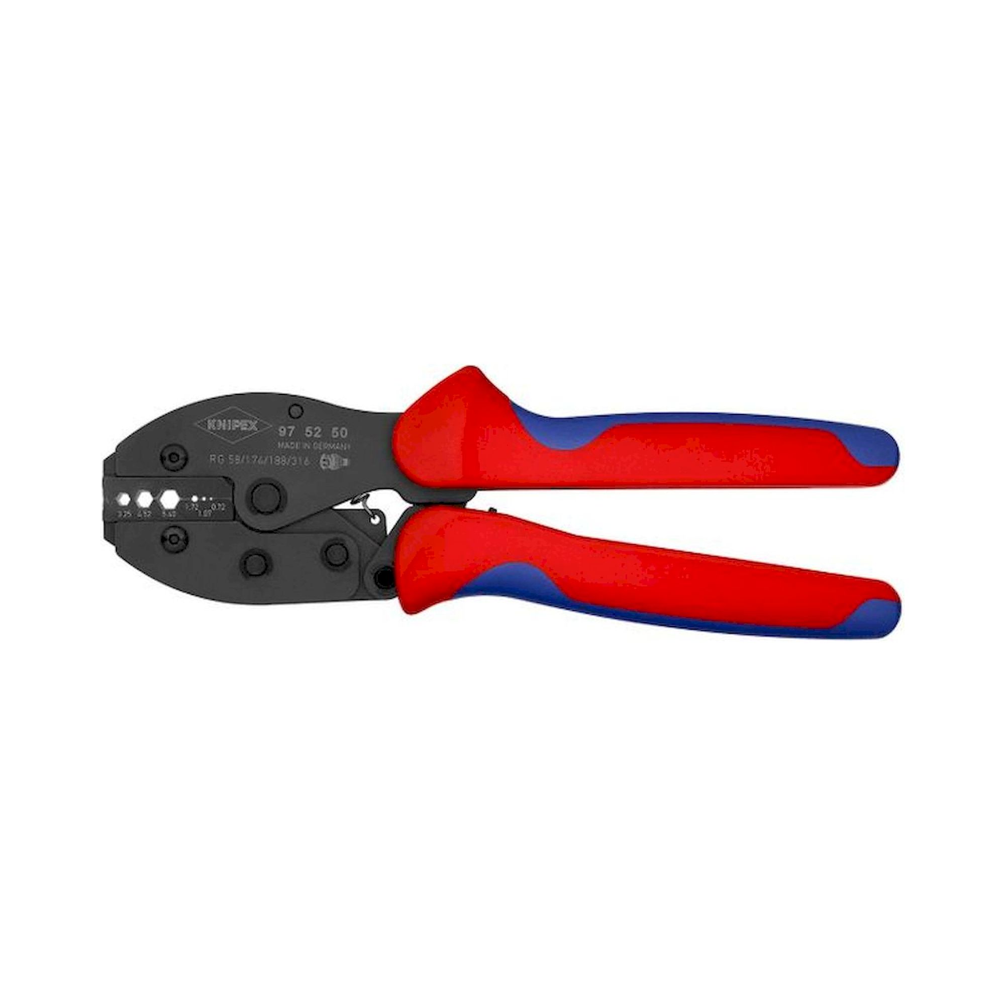 Knipex 97 52 50 SB. PreciForce crimping pliers, burnished, for coaxial BNC connectors, 220 mm, sales packaging