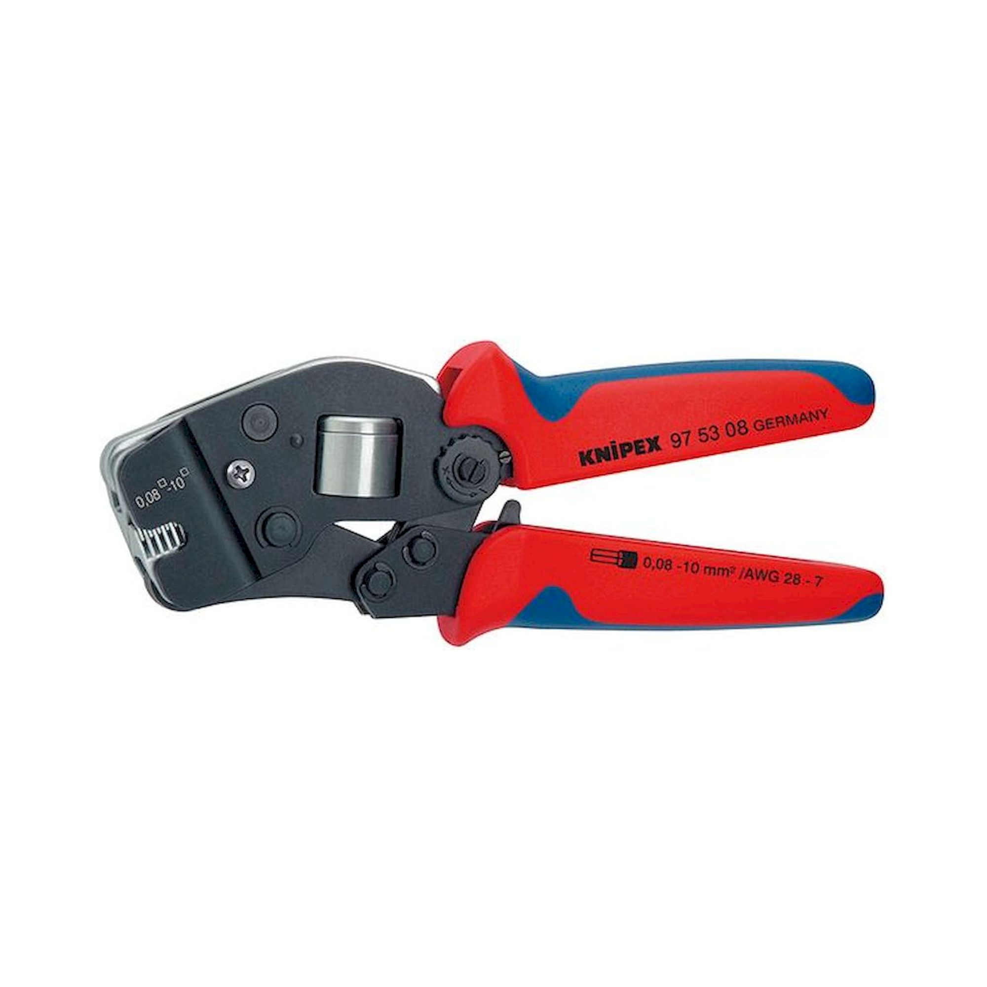 Knipex 97 53 08. Self-adjusting crimping pliers for end sleeves (ferrules) with front entry, black oxide finish, 190 mm