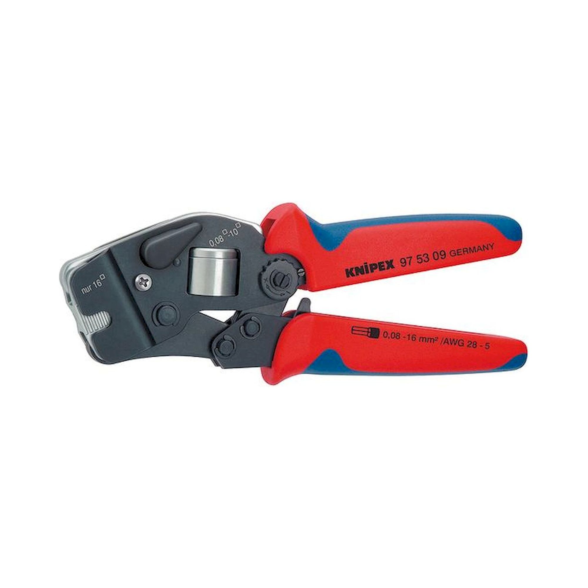 Knipex 97 53 09. Self-adjusting crimping pliers for end sleeves (ferrules) with front entry, black oxide finish, 190 mm