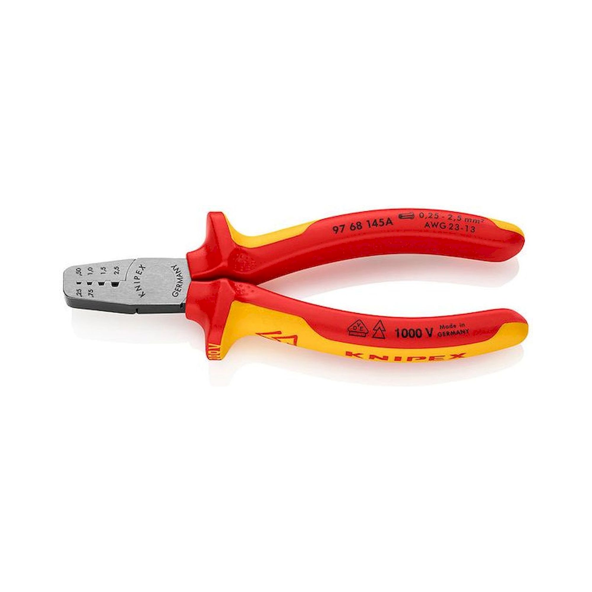 KNIPEX 97 68 145 A. Crimping pliers for wire end ferrules, insulated, VDE tested, 0.25 - 2.5 mm², 145 mm
