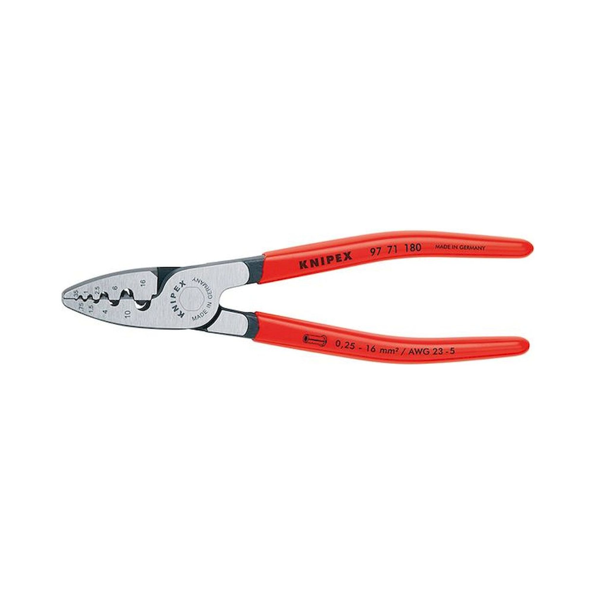 Knipex 97 71 180. Crimping pliers for end sleeves (ferrules), plastic-coated handles, 0.25 - 16.0 mm2, 180 mm