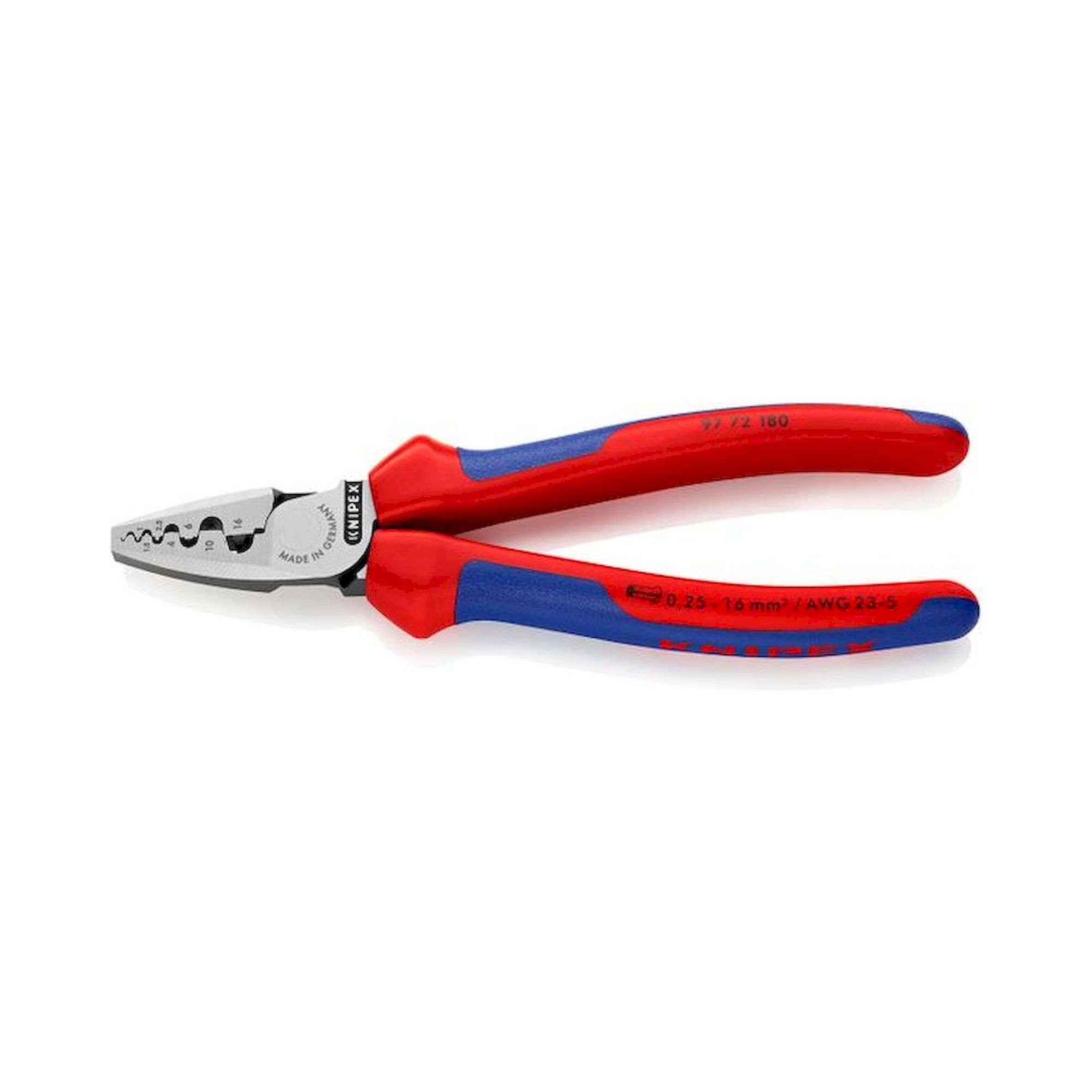 Knipex 97 72 180. Pince à sertir pour embouts de câbles, poignées avec gaines multi-composants, 0,25 - 16,0 mm², 180 mm