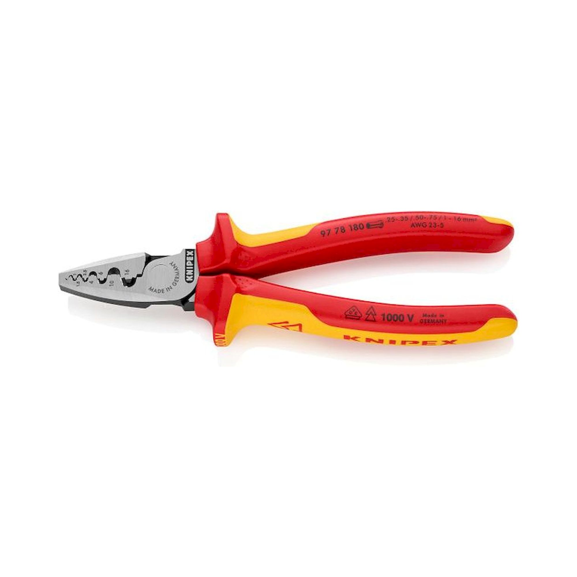 Knipex 97 78 180. Crimpzange für Aderendhülsen, isoliert, VDE geprüft, 0,25 - 16,0 mm², 180 mm