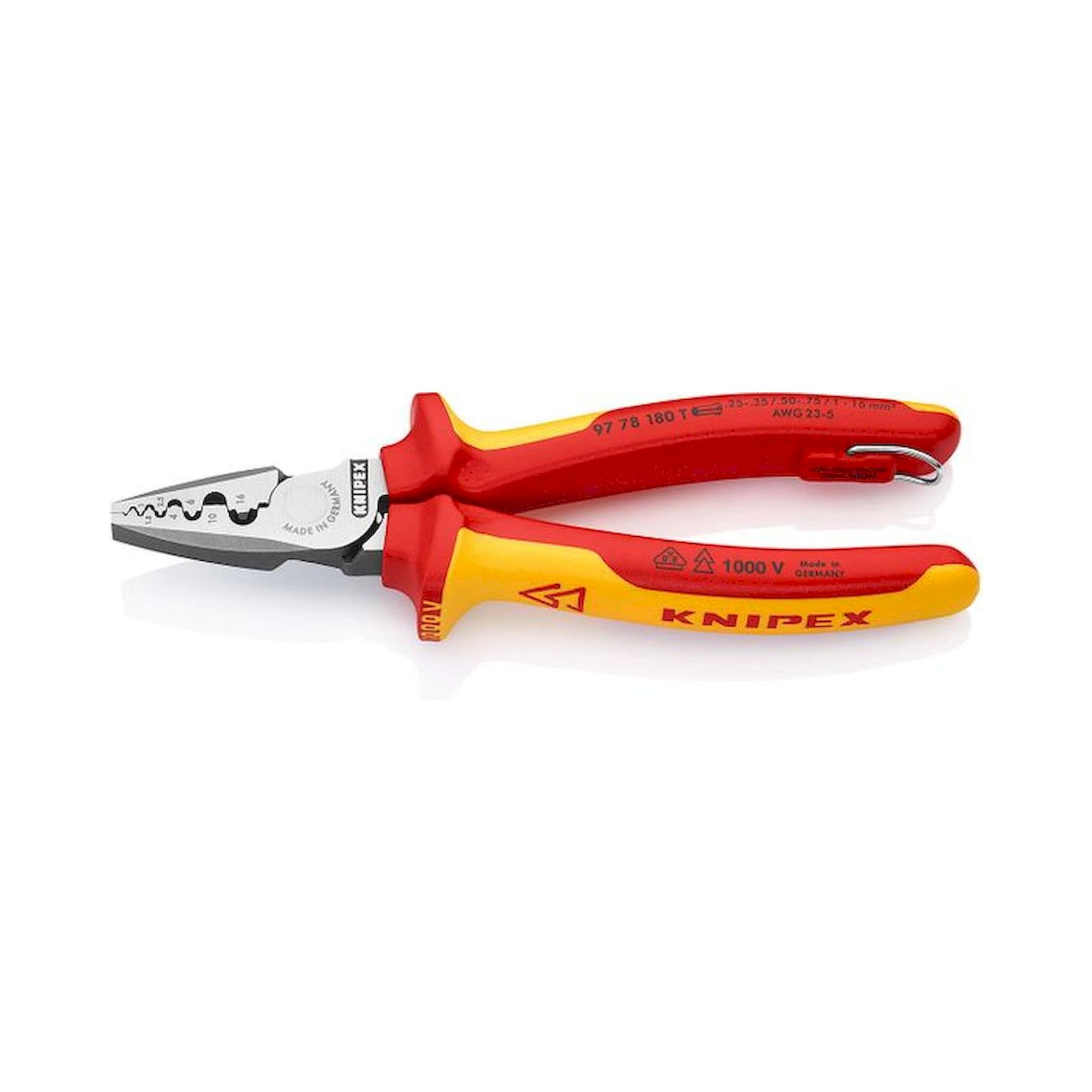 Knipex 97 78 180 T. Crimpzange für Aderendhülsen, isoliert, VDE geprüft, 0,25 - 16,0 mm², Befestigungsöse, 180 mm
