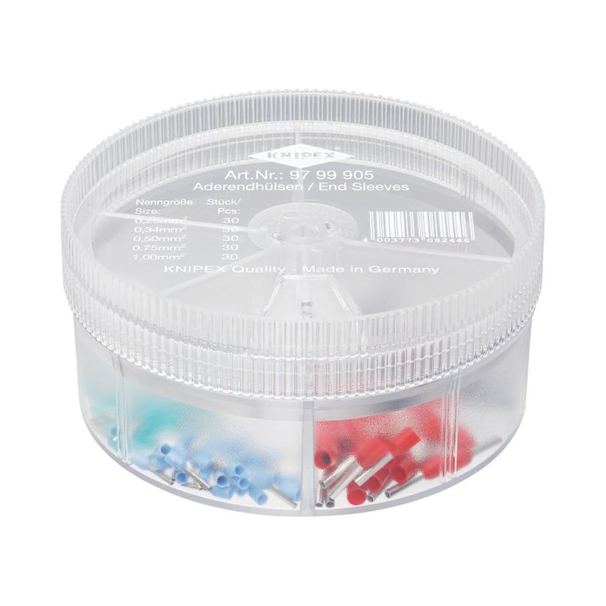 Knipex 97 99 905. Assortment boxes with insulated ferrules, 0.25 to 1 mm2, fully insulated, blue/turquoise/white/black/red, 150 pieces