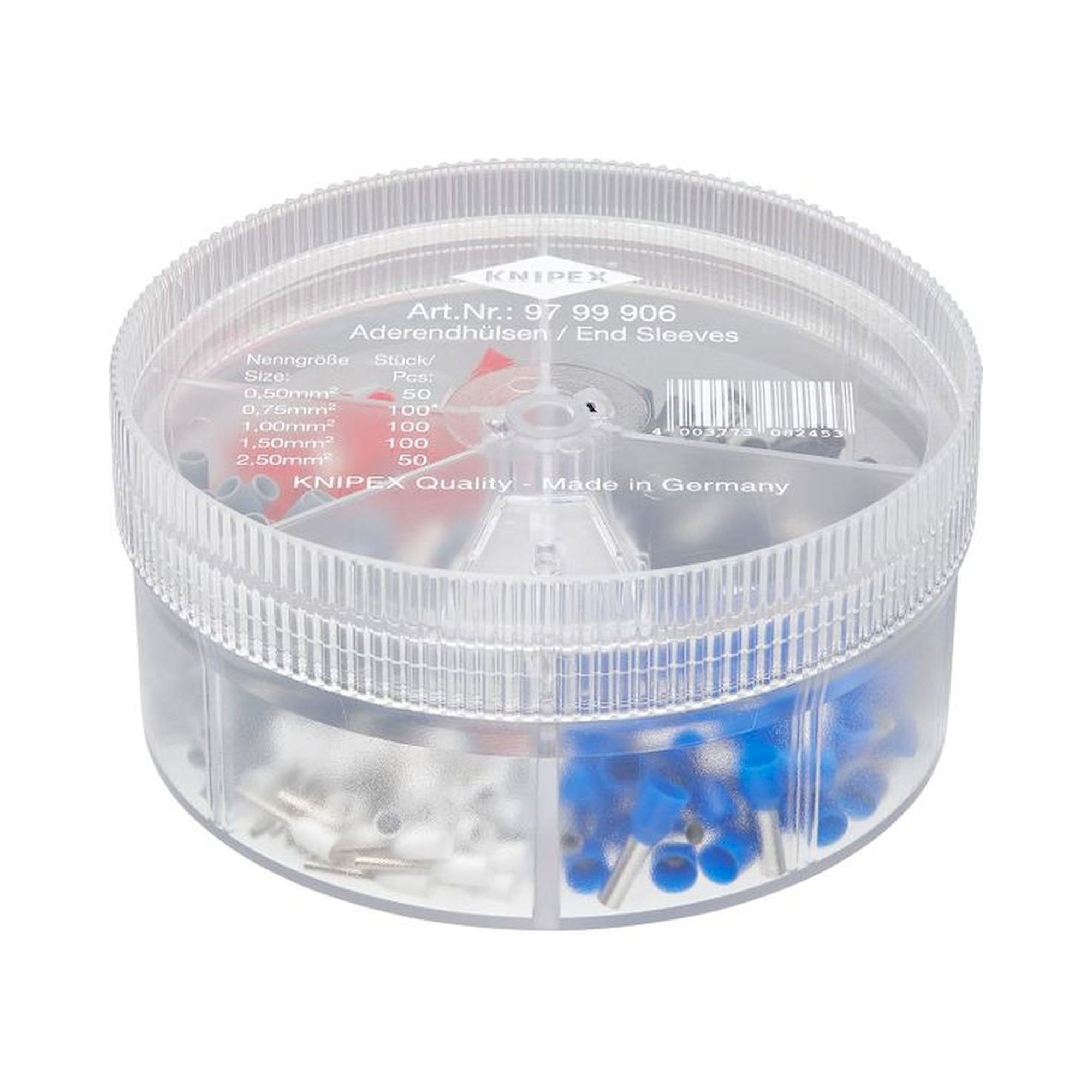 Knipex 97 99 906. Assortment boxes with insulated ferrules, 0.5 to 2.5 mm2, fully insulated, white/grey/red/black/blue, 400 pieces
