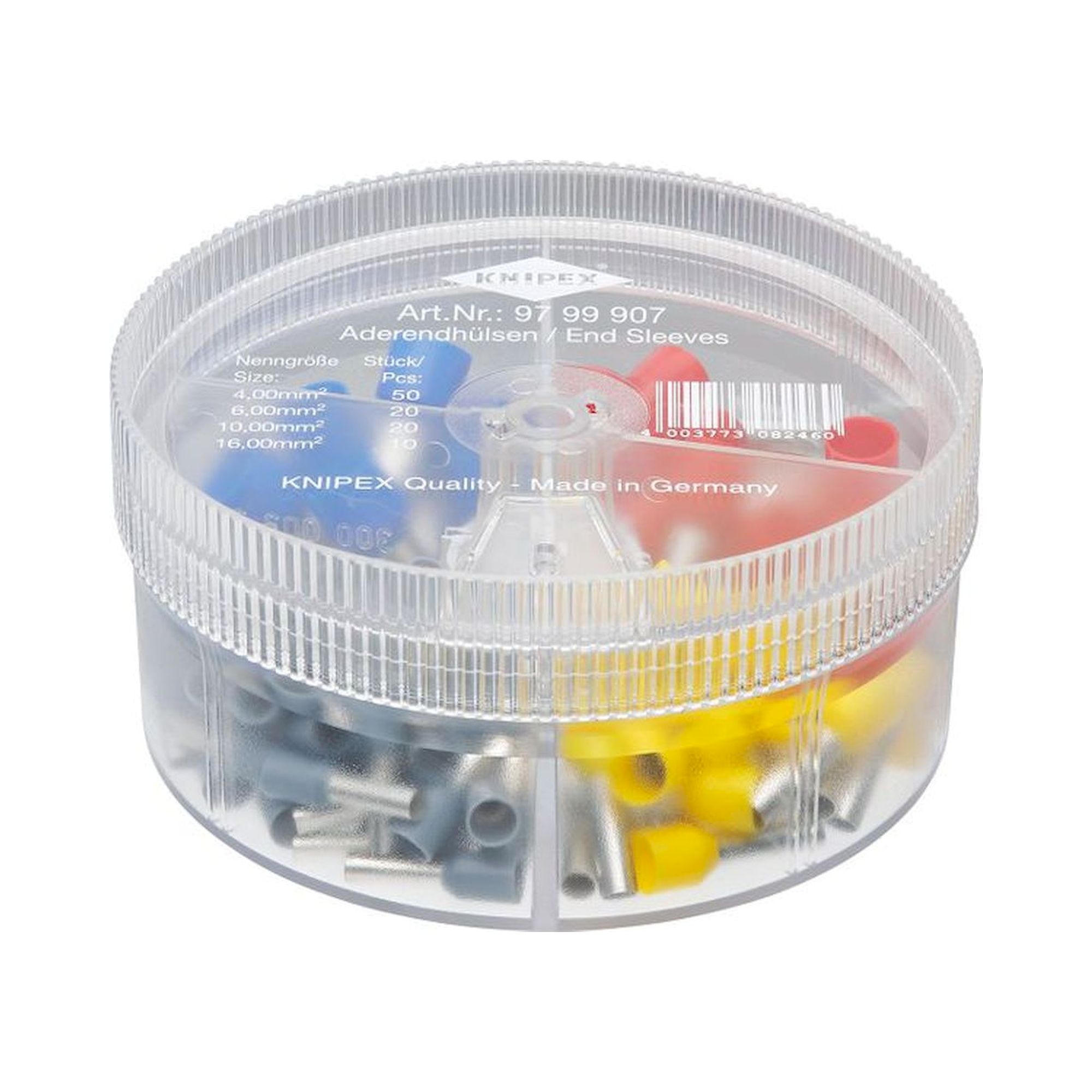 Knipex 97 99 907. Assortment boxes with insulated ferrules, 4 to 16 mm2, fully insulated, grey/yellow/red/blue, 100 pieces