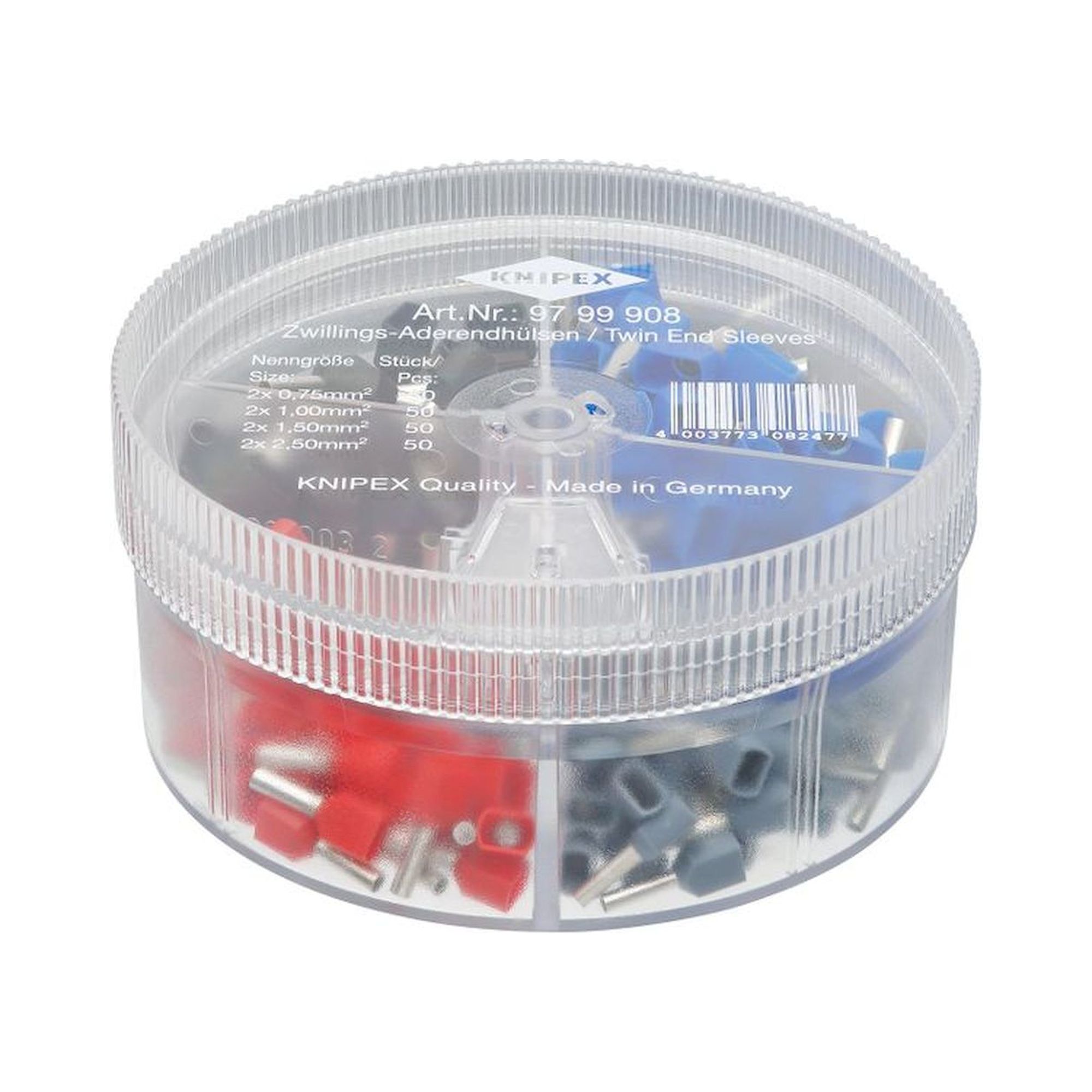 Knipex 97 99 908. Assortment boxes with twin ferrules, 0.75 to 2.5 mm2, fully insulated, grey/red/black/blue, 200 pieces