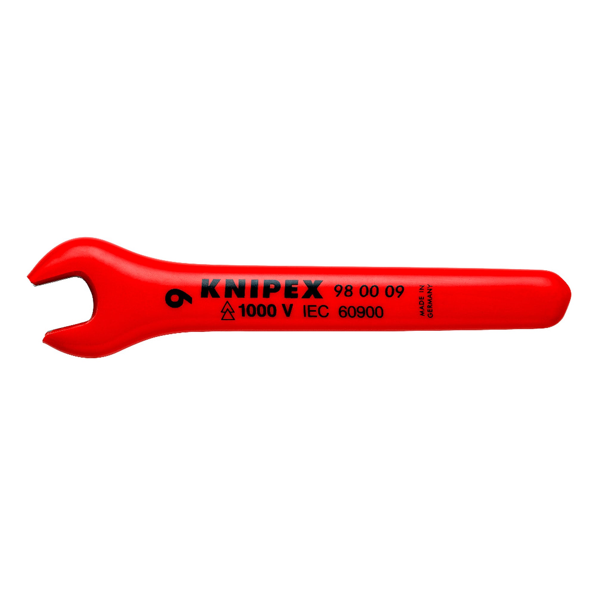 Open-end wrench insulated to IEC 60900, 15° jaw angle, width across flats 9 mm, length 105 mm